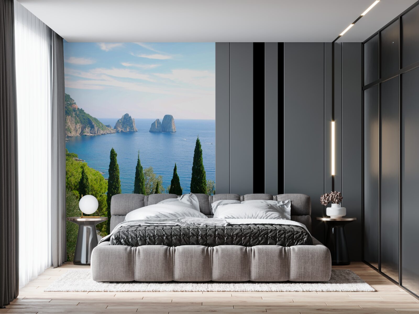 Papier peint rivage rocheux et grands cyprès