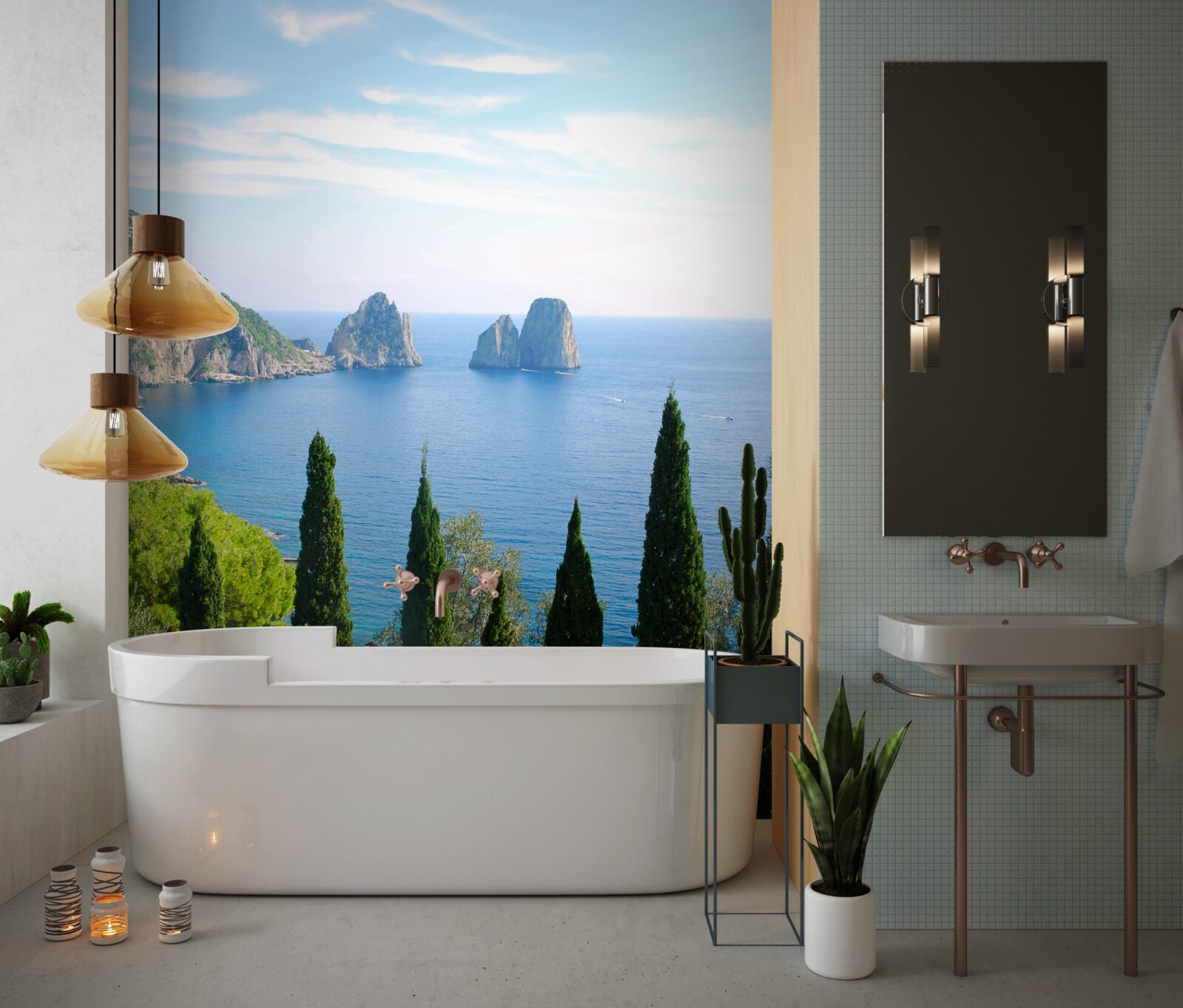 Papier peint rivage rocheux et grands cyprès