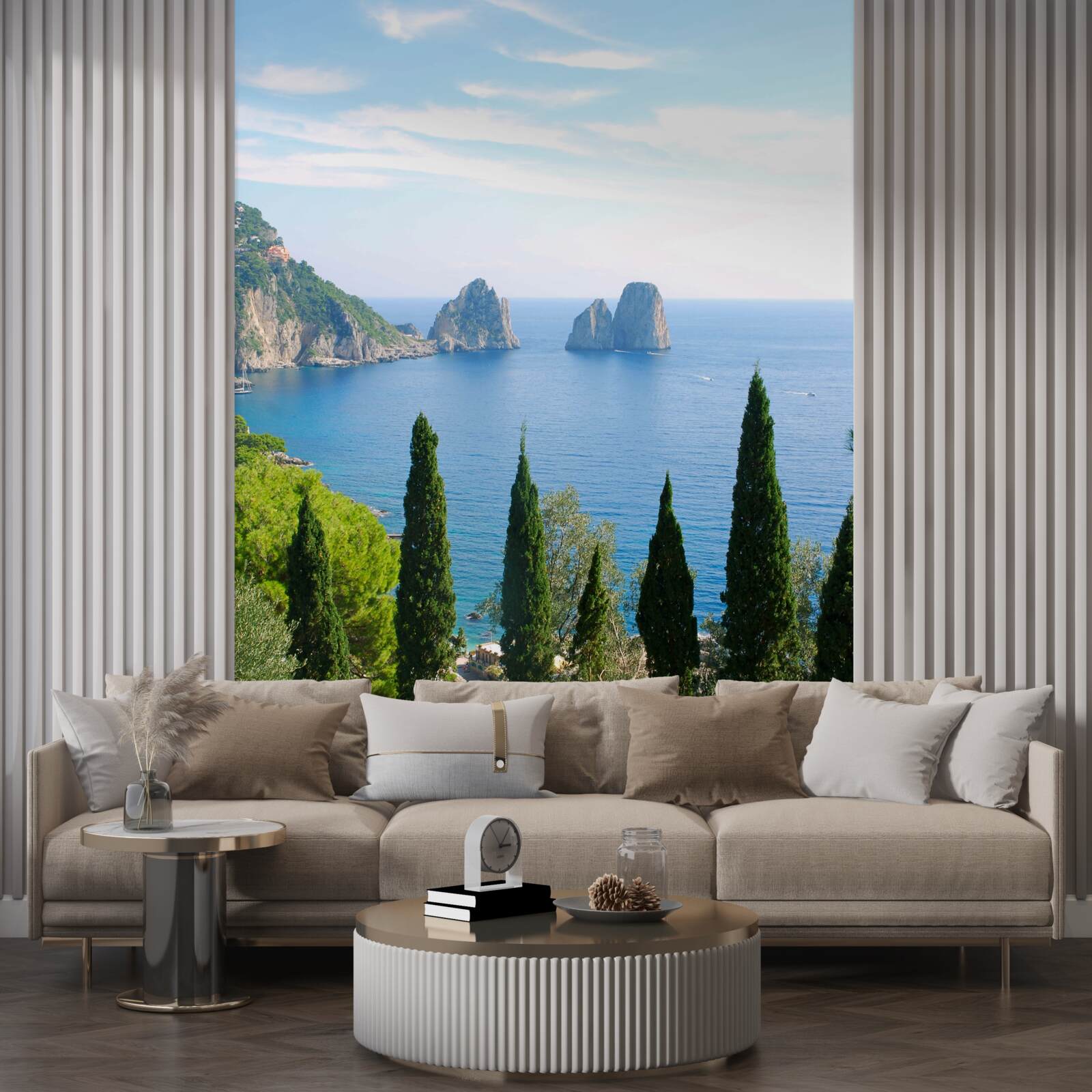 Papier peint rivage rocheux et grands cyprès