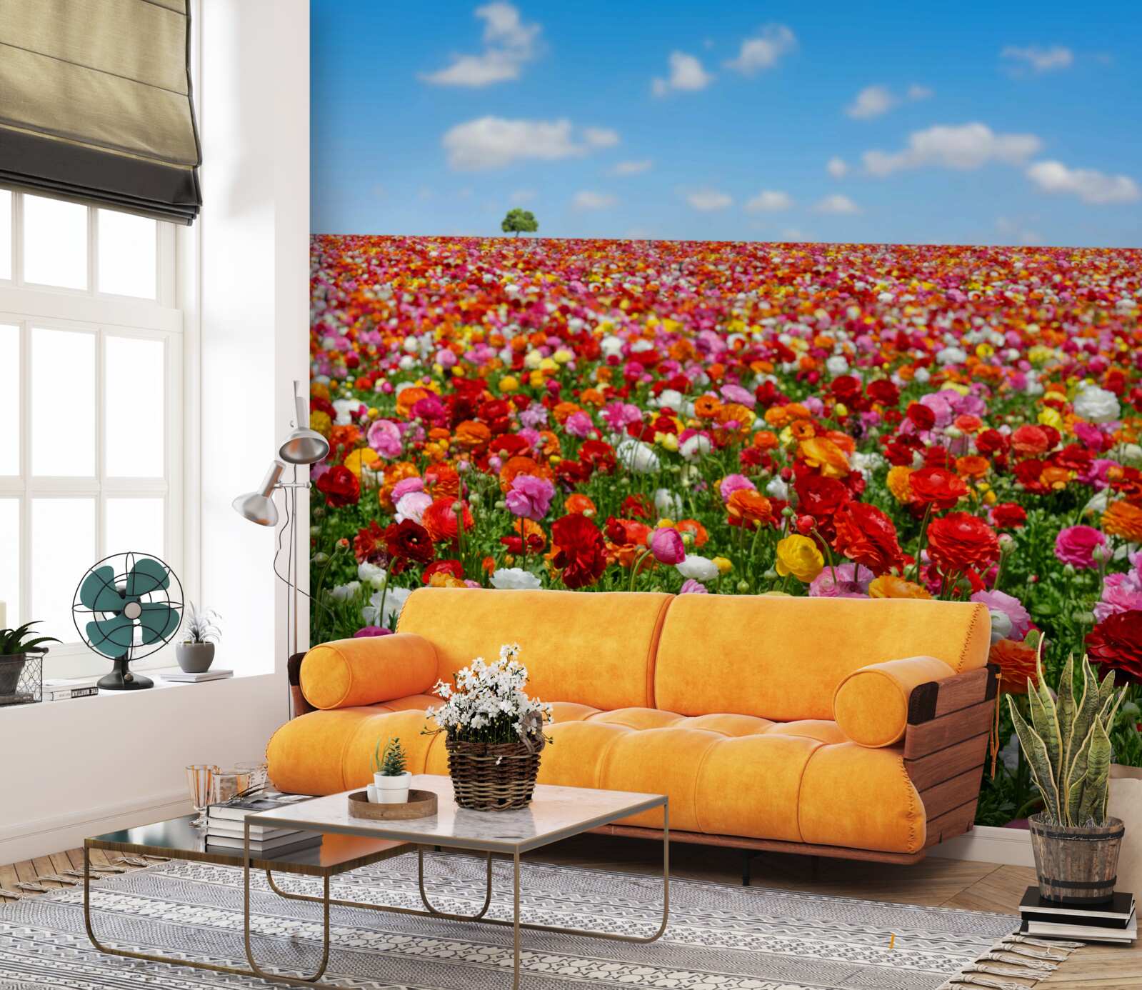 Papier peint une prairie parsemée d'une multitude de fleurs colorées