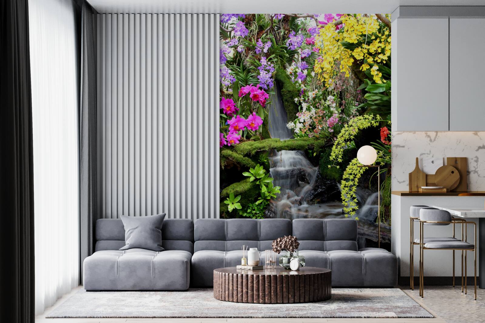 Papier peint une cascade d'eau parmi de riches nuances de fleurs