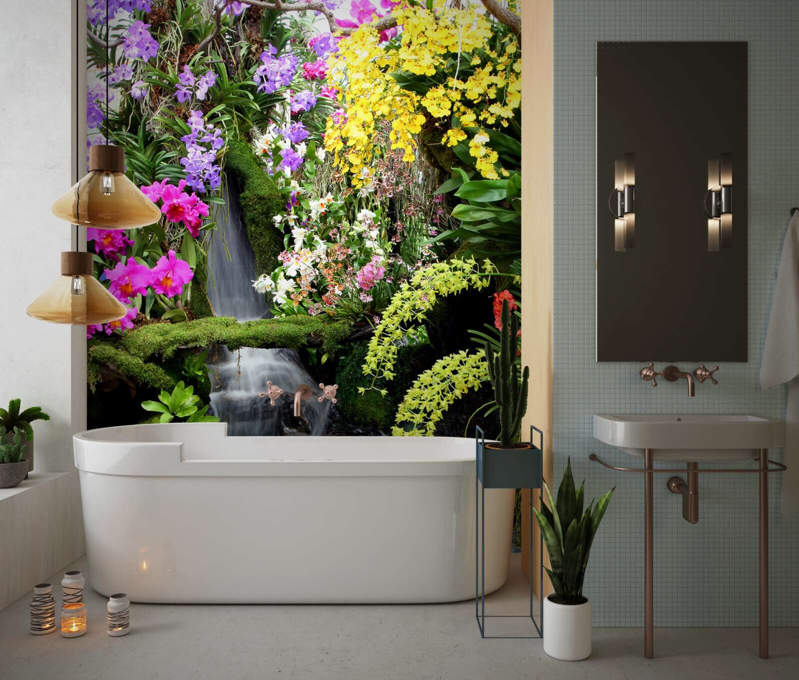 Papier peint une cascade d'eau parmi de riches nuances de fleurs