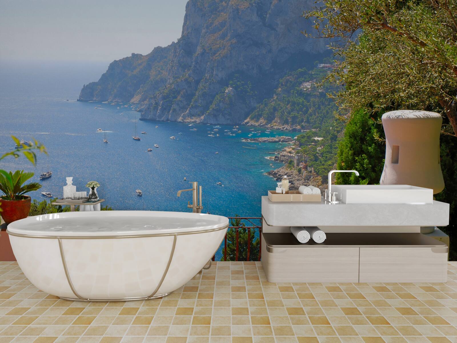 Papier peint terrasse avec balcon et vue sur l'océan