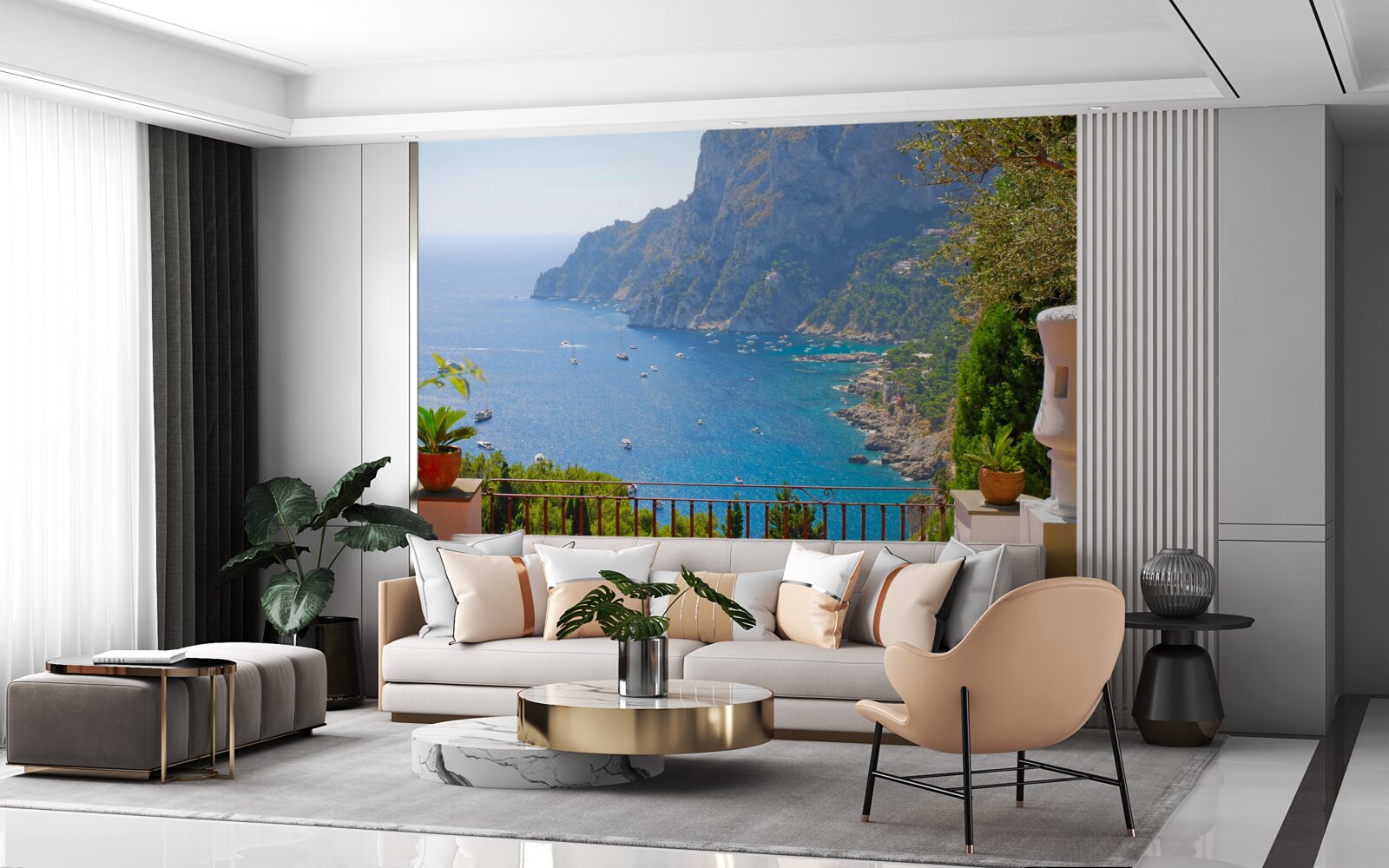 Papier peint terrasse avec balcon et vue sur l'océan