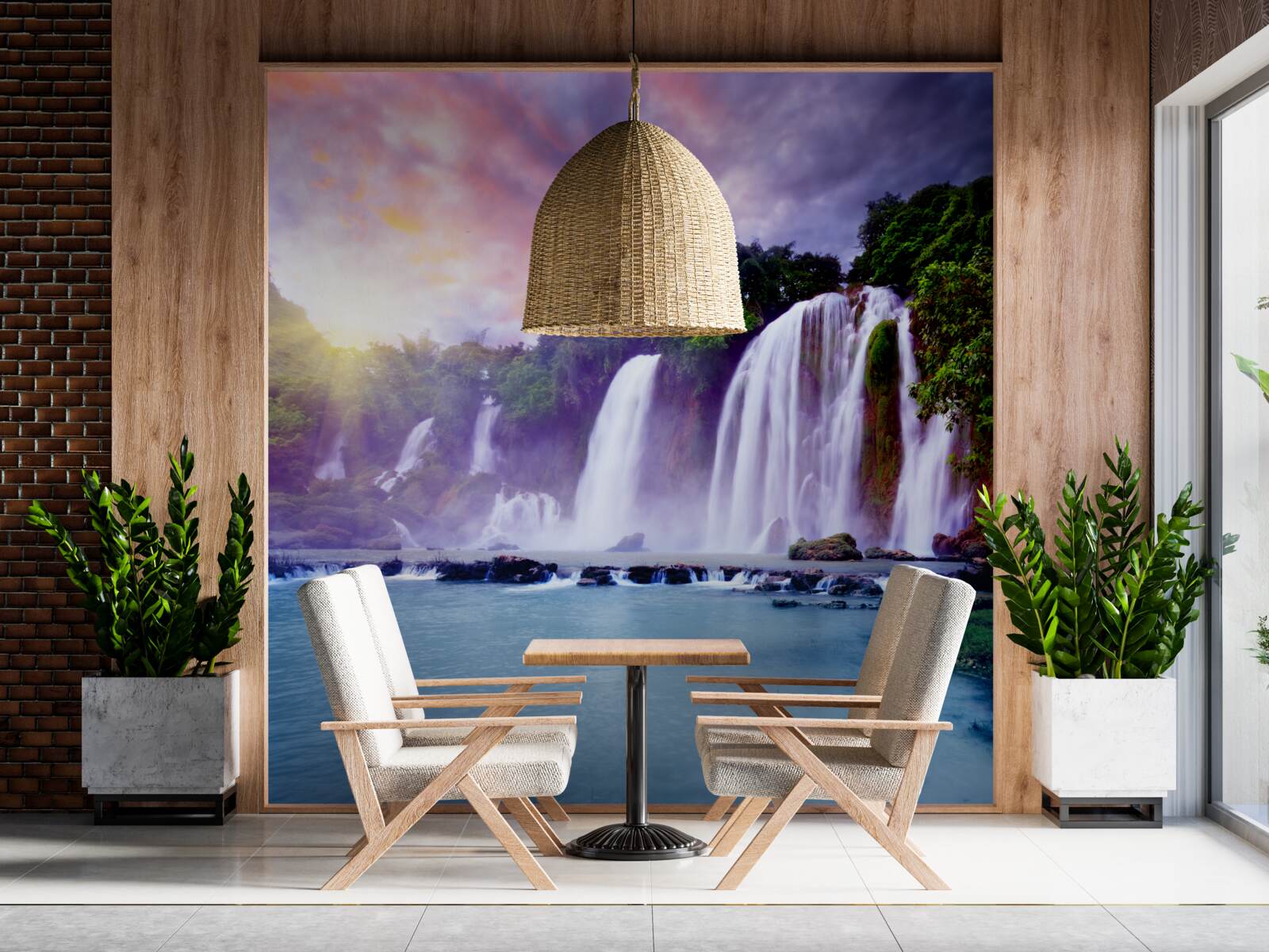 Papier peint une énorme chute d'eau en cascade sur fond de coucher de soleil