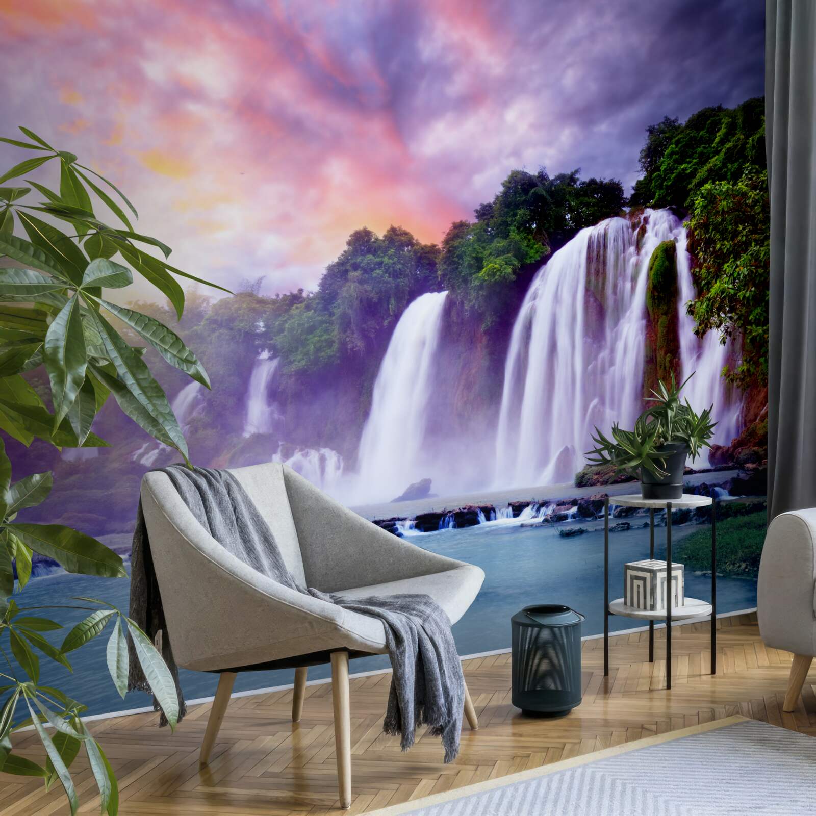 Papier peint une énorme chute d'eau en cascade sur fond de coucher de soleil