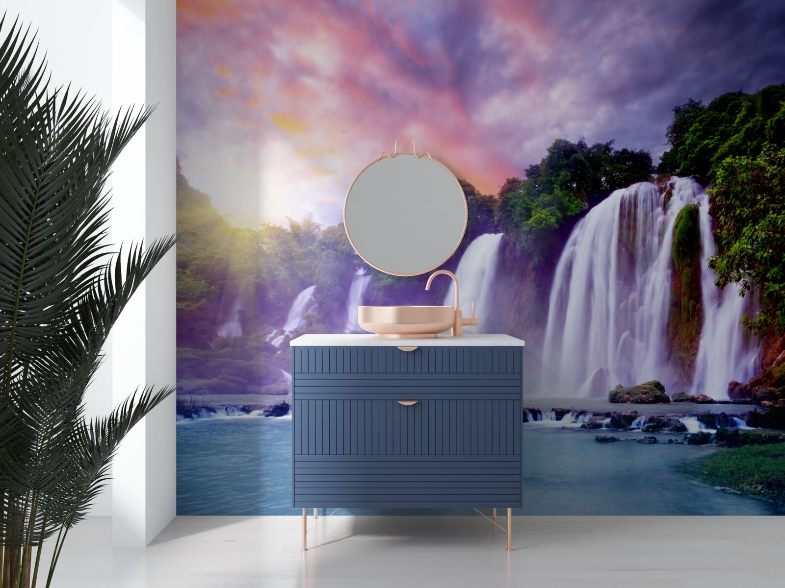 Papier peint une énorme chute d'eau en cascade sur fond de coucher de soleil