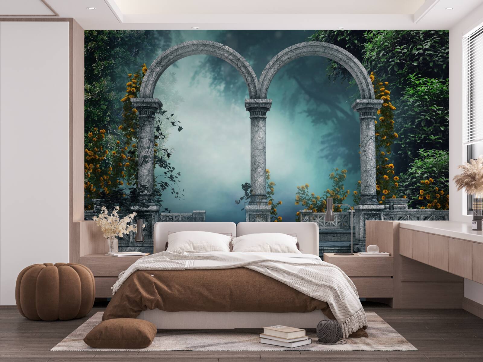 Papier peint ancienne arche arrondie dans une forêt brumeuse