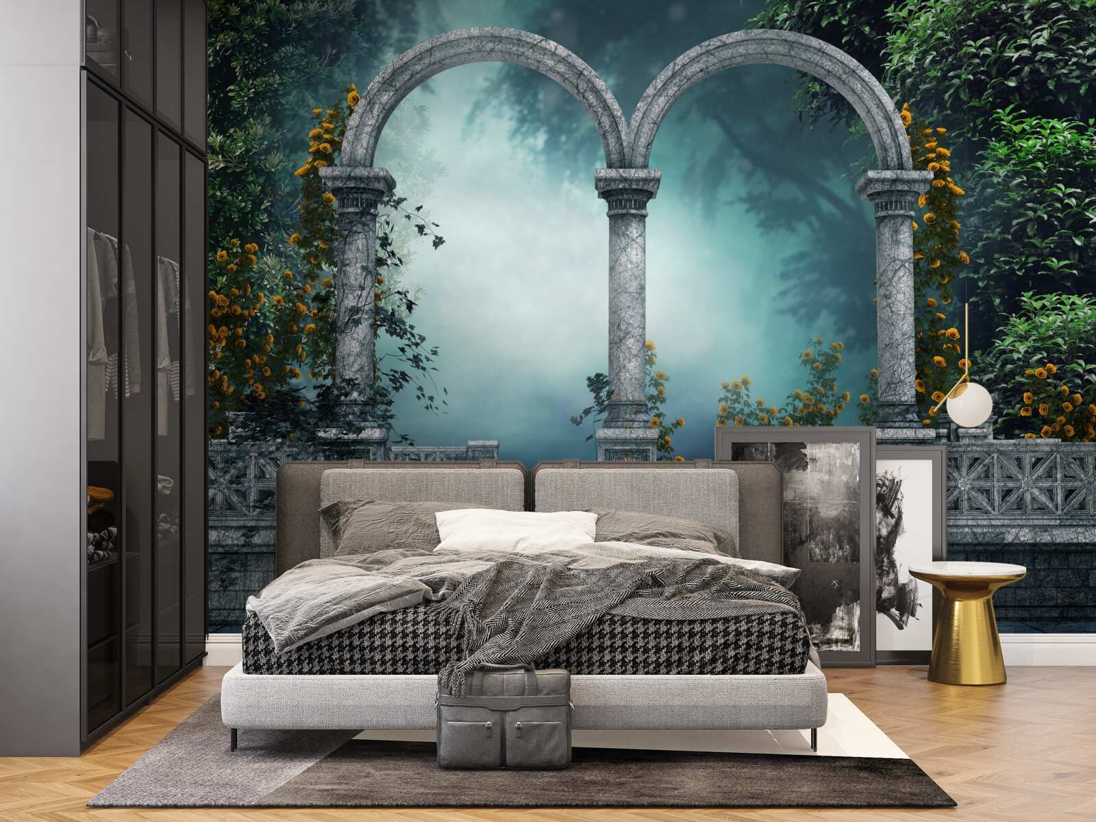 Papier peint ancienne arche arrondie dans une forêt brumeuse