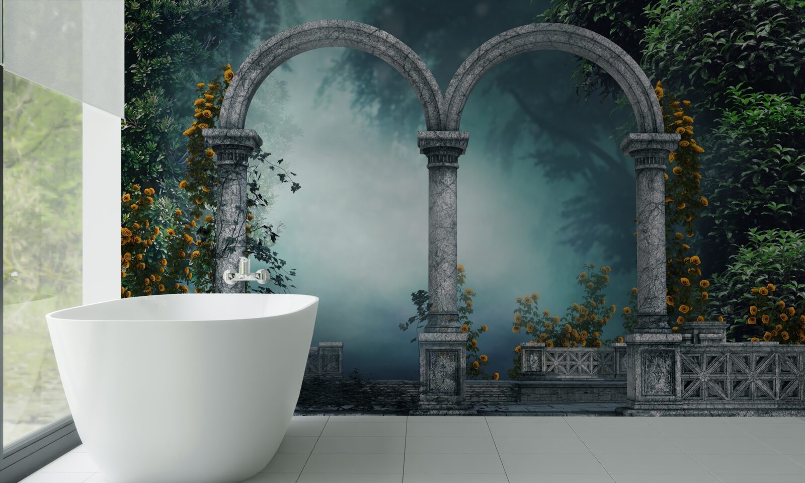 Papier peint ancienne arche arrondie dans une forêt brumeuse