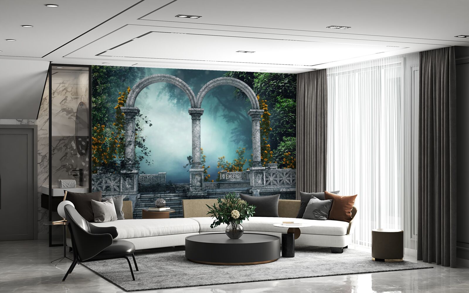 Papier peint ancienne arche arrondie dans une forêt brumeuse