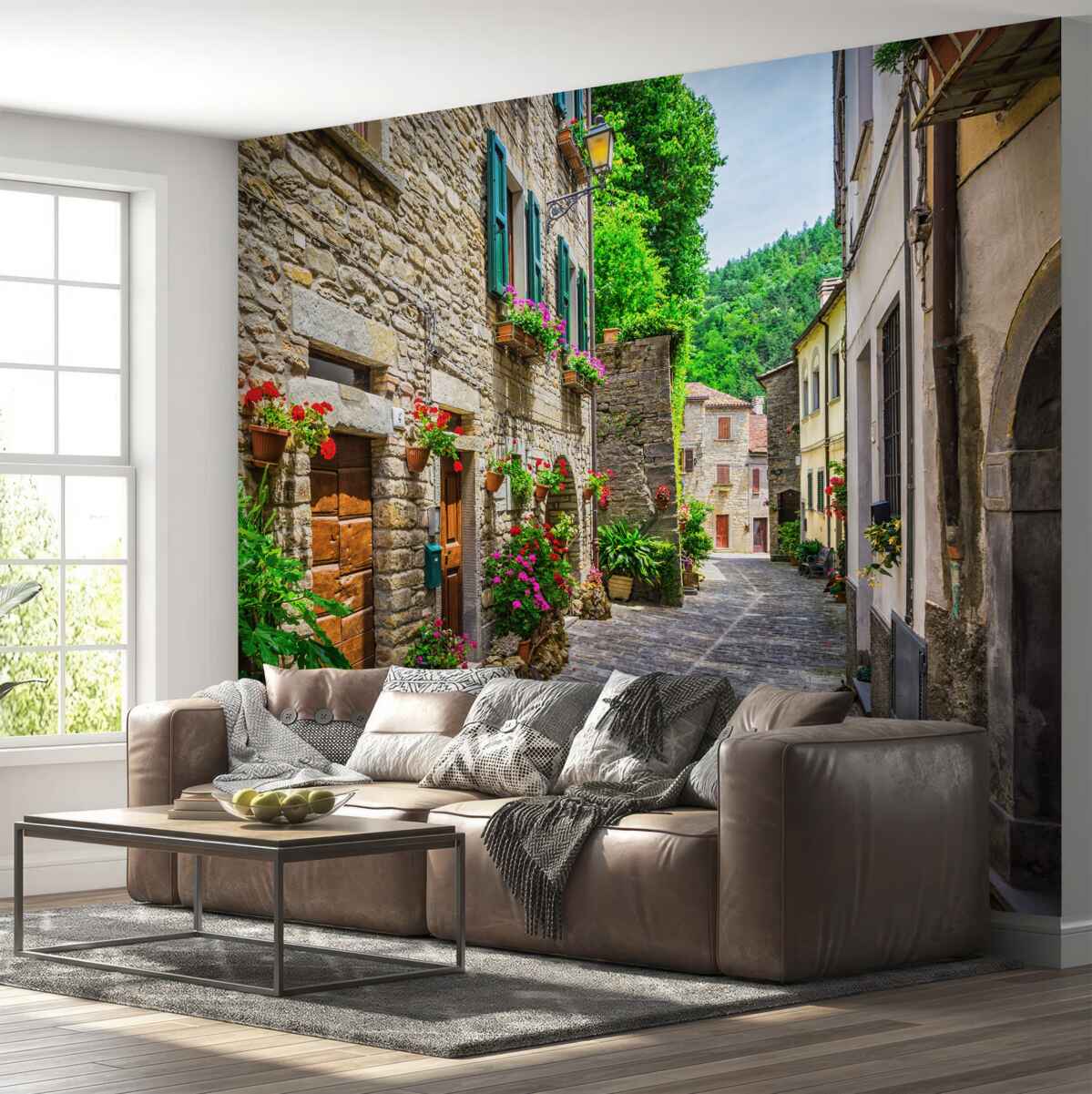 Papier peint vieille rue en pierre de la ville, entourée de verdure