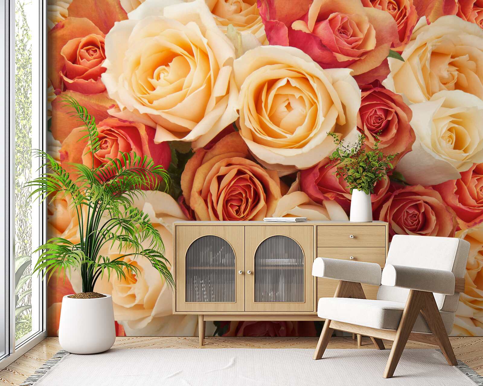 Papier peint des roses aux couleurs douces dans les tons clairs et pêche