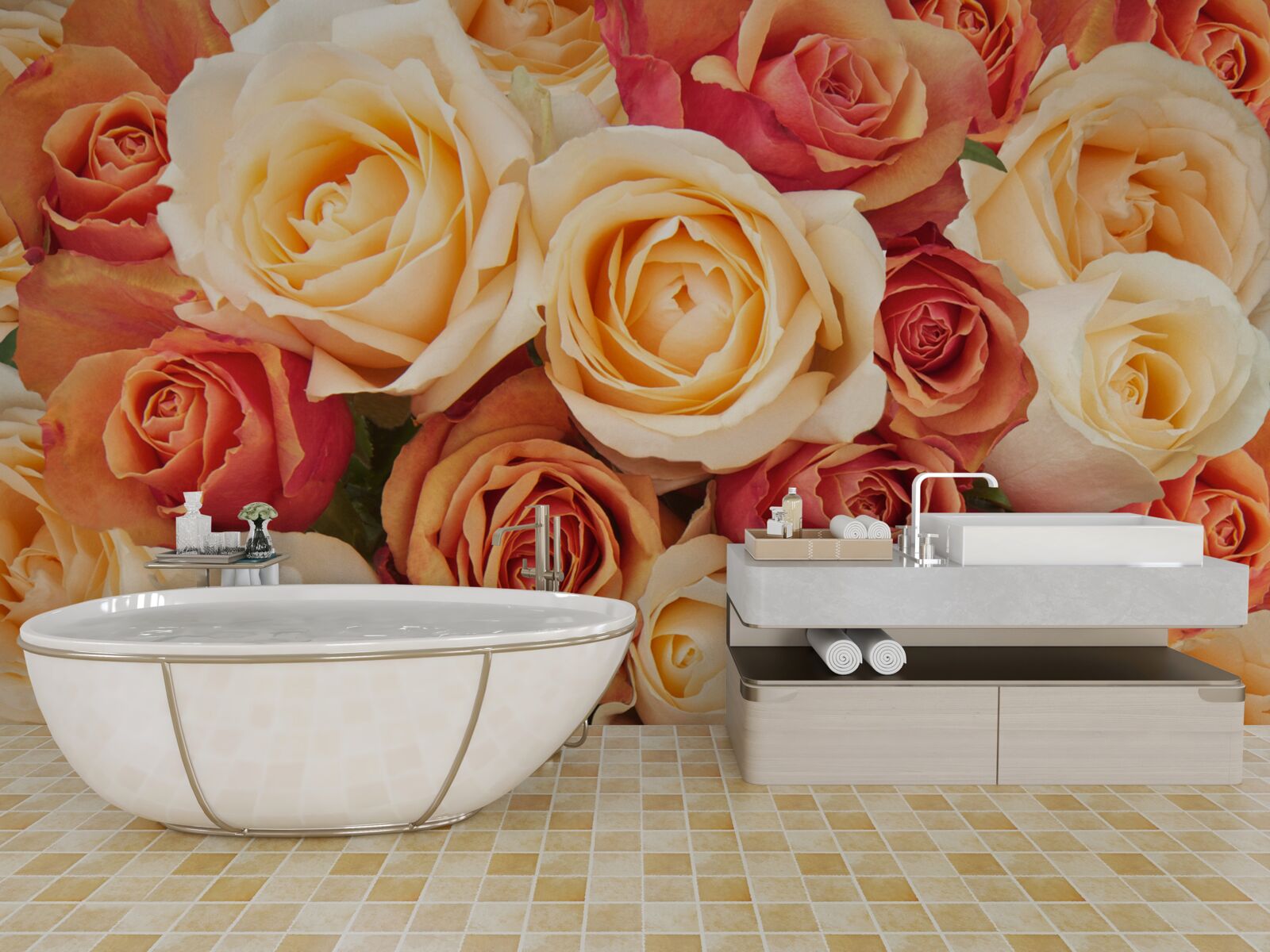 Papier peint des roses aux couleurs douces dans les tons clairs et pêche