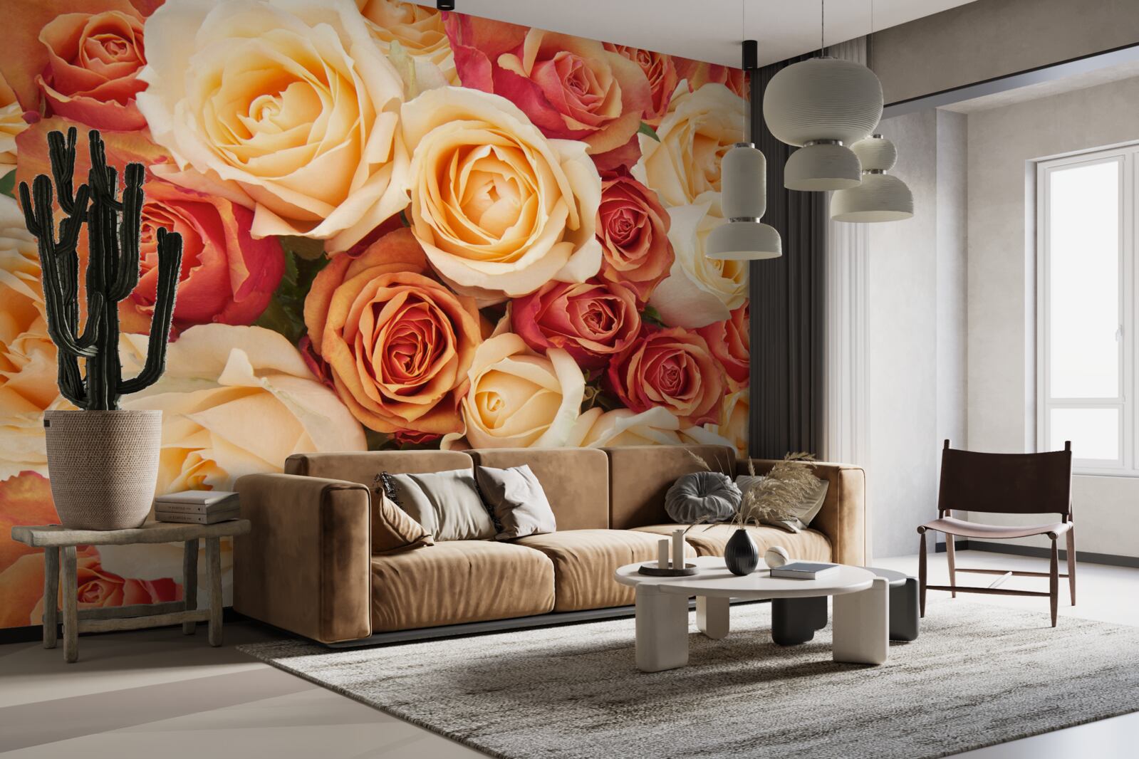 Papier peint des roses aux couleurs douces dans les tons clairs et pêche