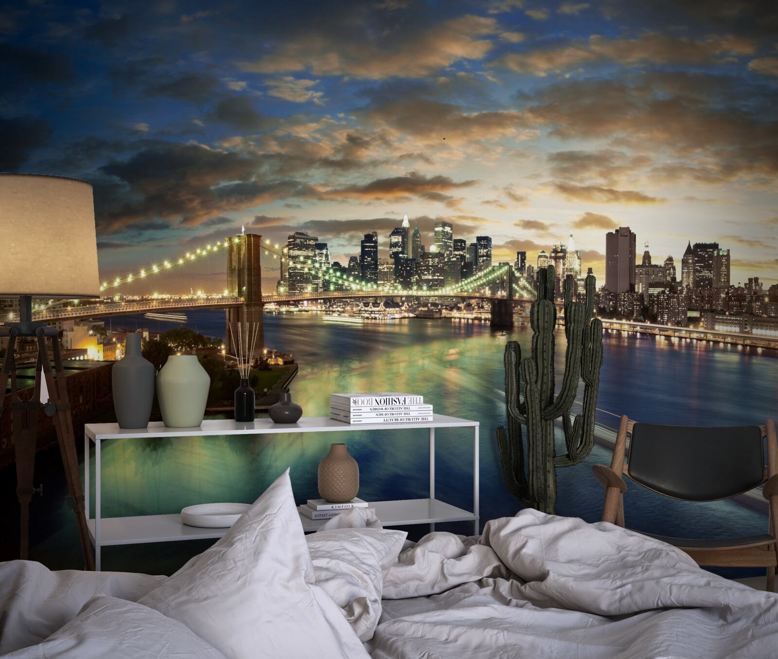 Papier peint illumination nocturne de new york au bord de l'eau