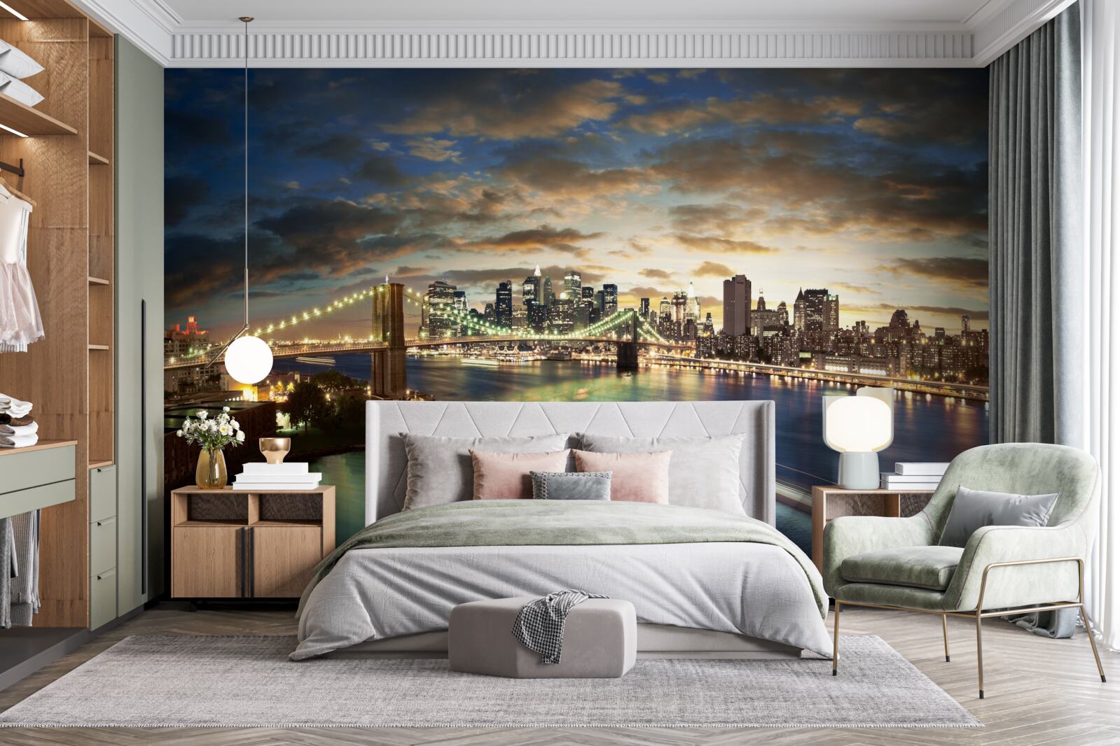 Papier peint illumination nocturne de new york au bord de l'eau