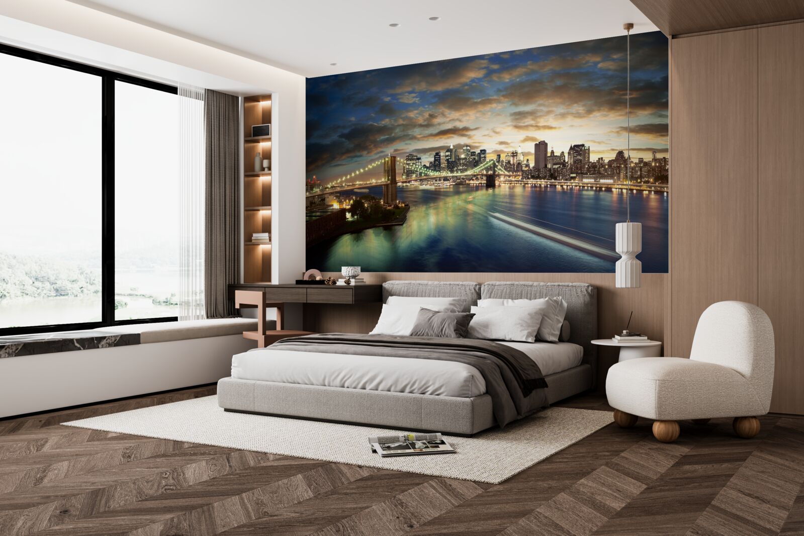 Papier peint illumination nocturne de new york au bord de l'eau