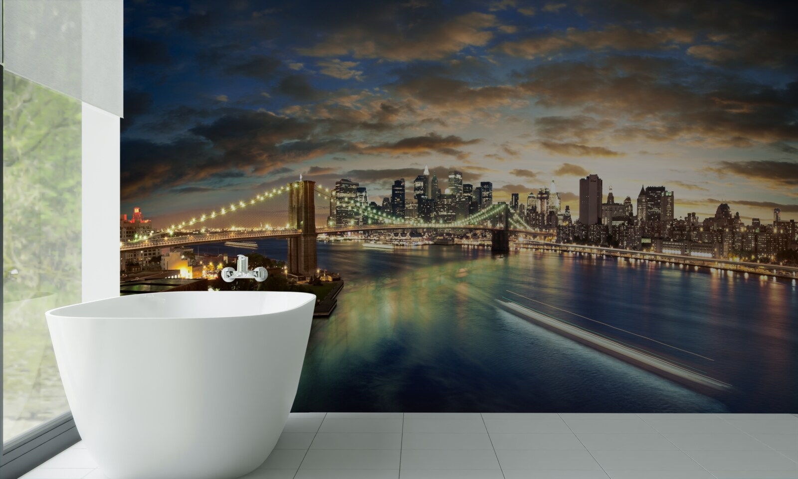 Papier peint illumination nocturne de new york au bord de l'eau