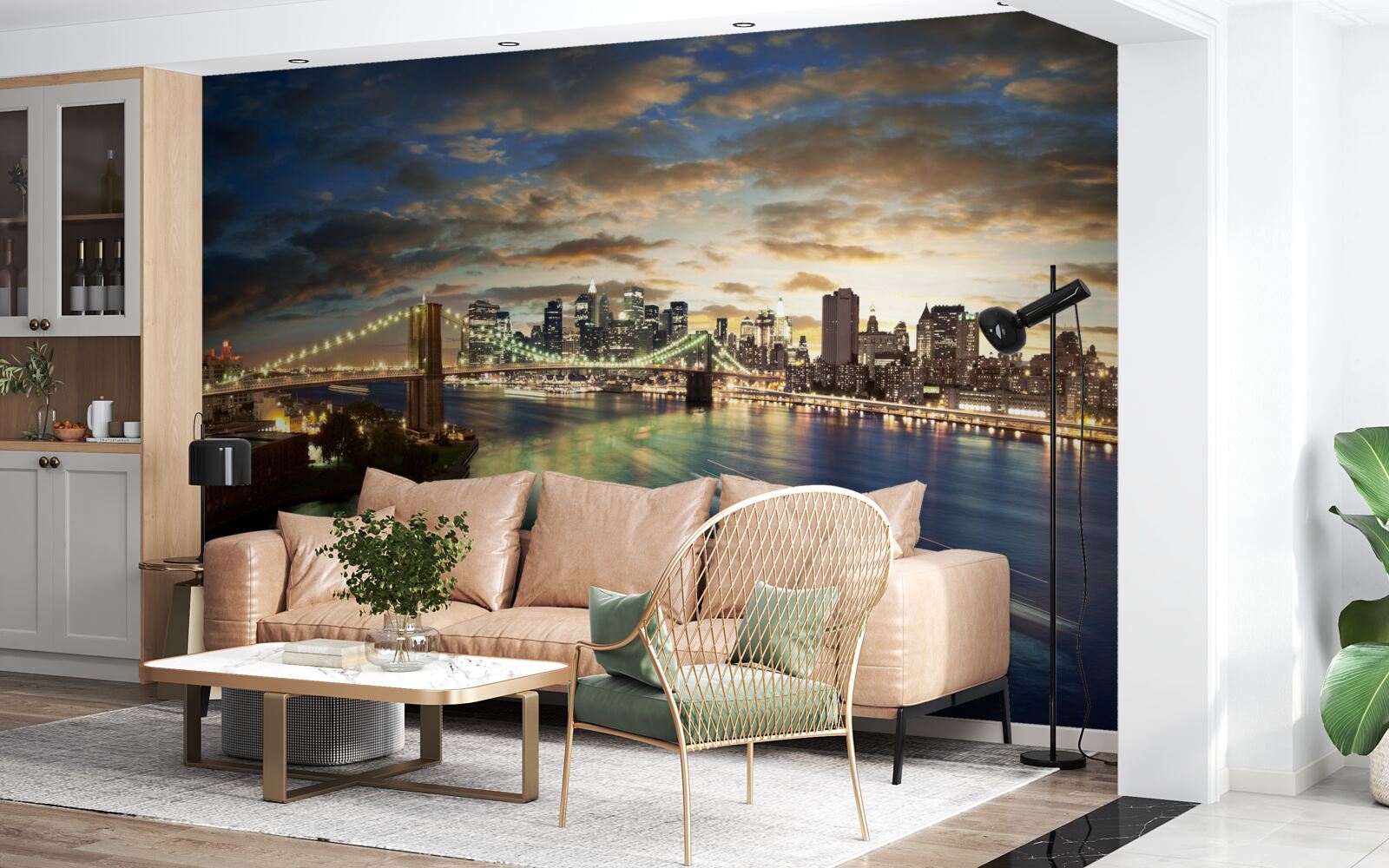 Papier peint illumination nocturne de new york au bord de l'eau