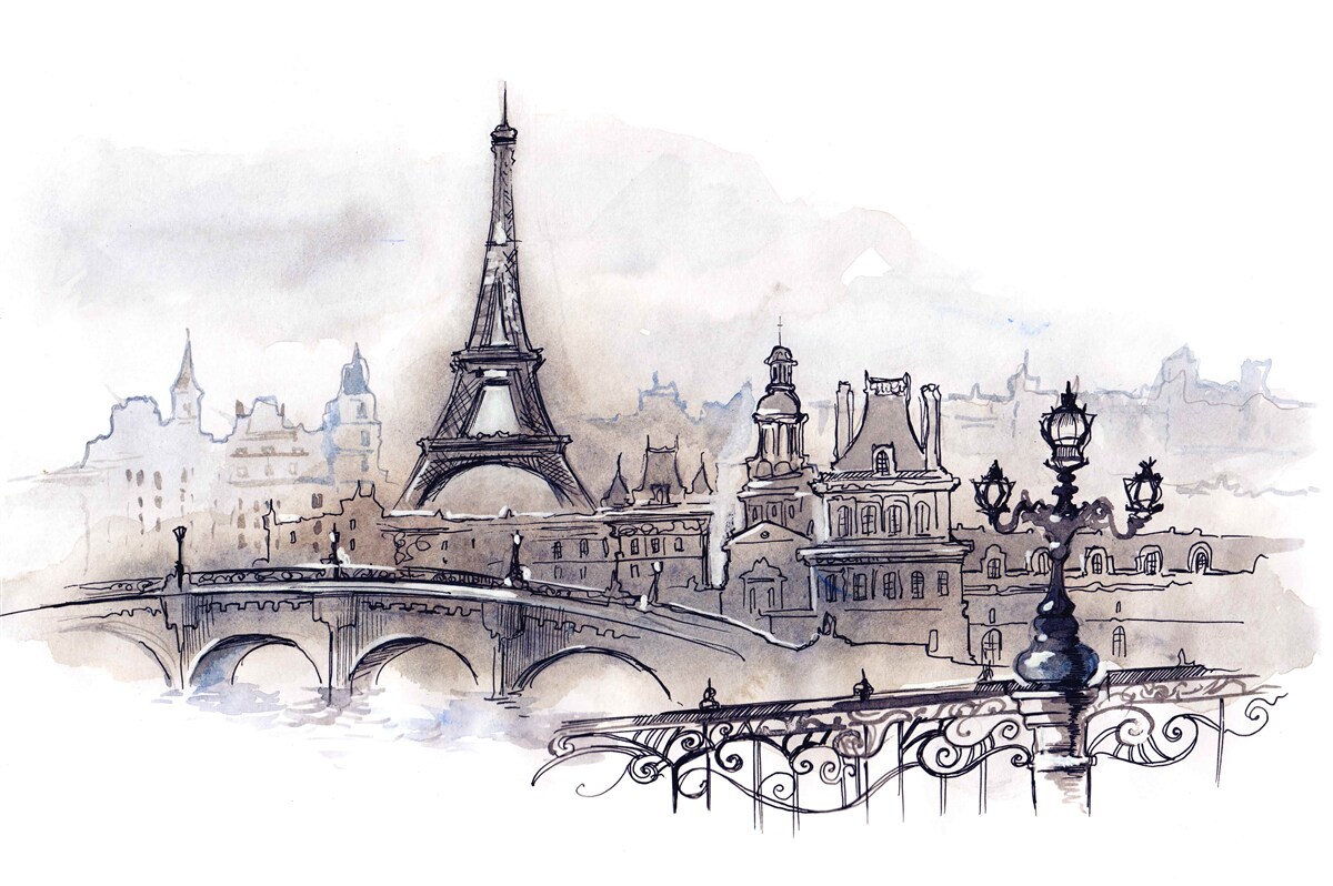 Papier peint tour eiffel et croquis architecturaux au crayon