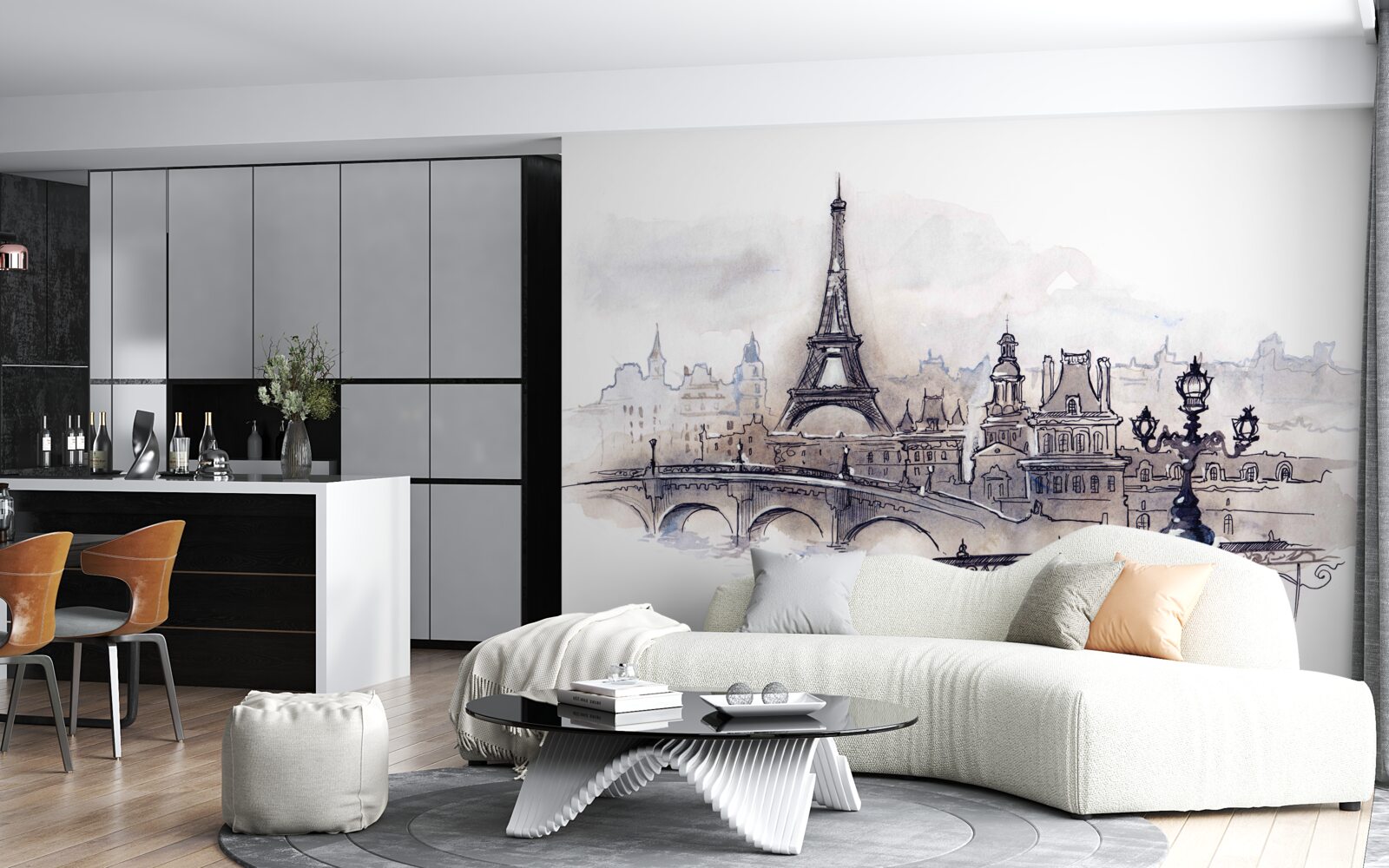 Papier peint tour eiffel et croquis architecturaux au crayon