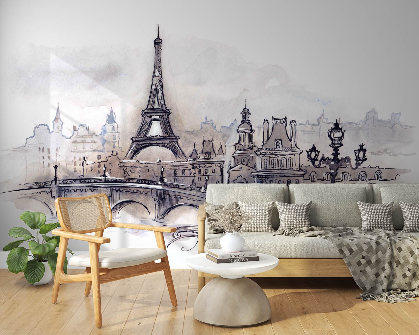 Papier peint tour eiffel et croquis architecturaux au crayon