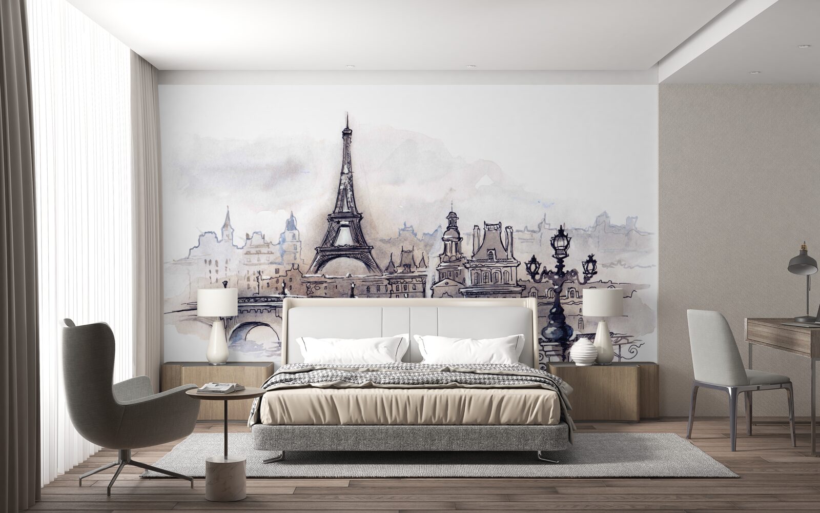 Papier peint tour eiffel et croquis architecturaux au crayon