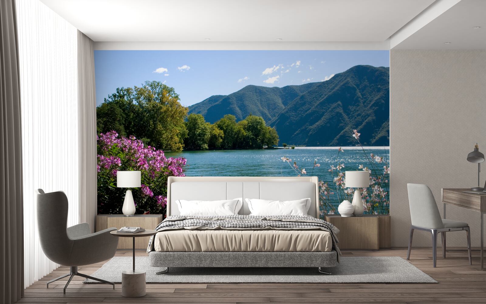 Papier peint lac de montagne paisible et plantes d'été en fleurs