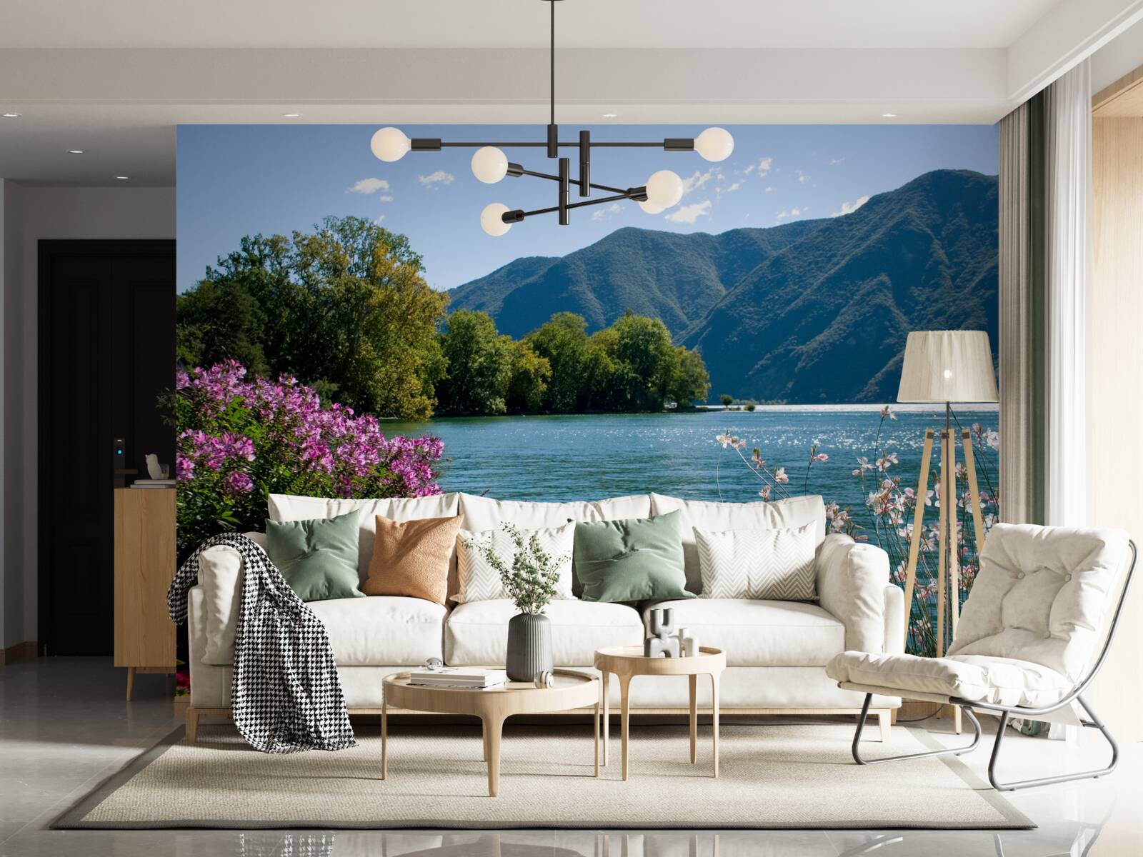 Papier peint lac de montagne paisible et plantes d'été en fleurs