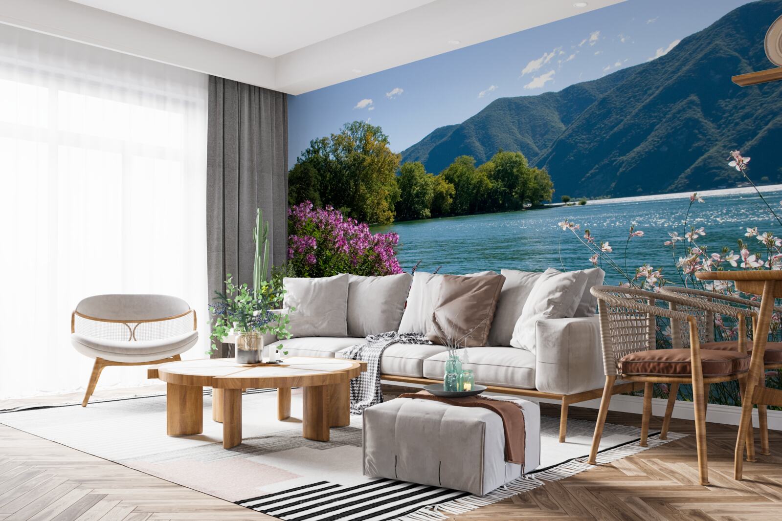 Papier peint lac de montagne paisible et plantes d'été en fleurs