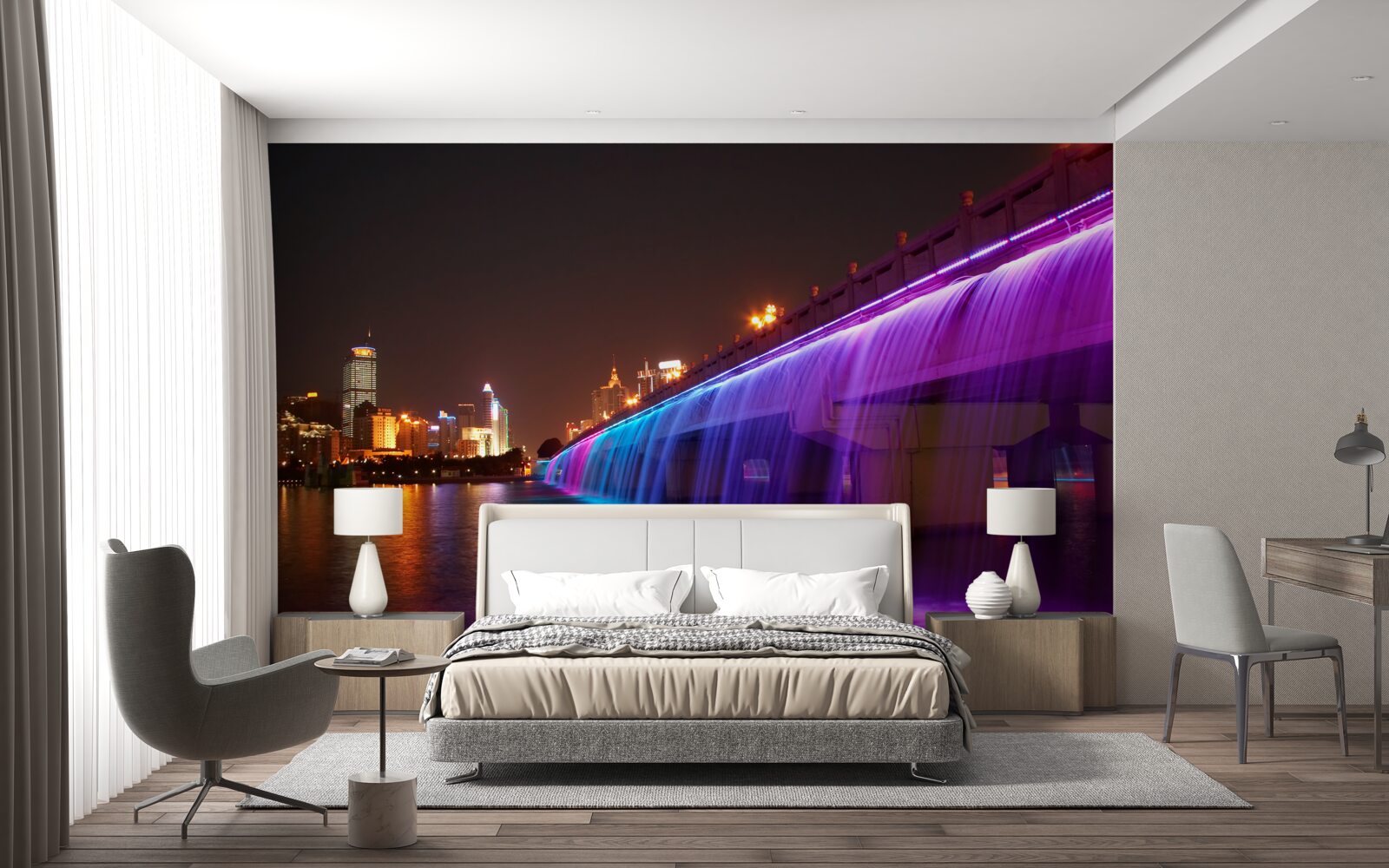 Papier peint éclairage de l'eau luminescente près du pont