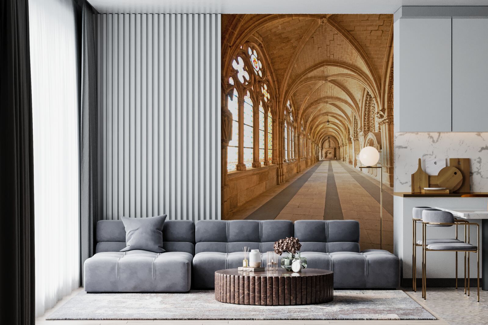 Papier peint voûtes anciennes en pierre avec vitraux