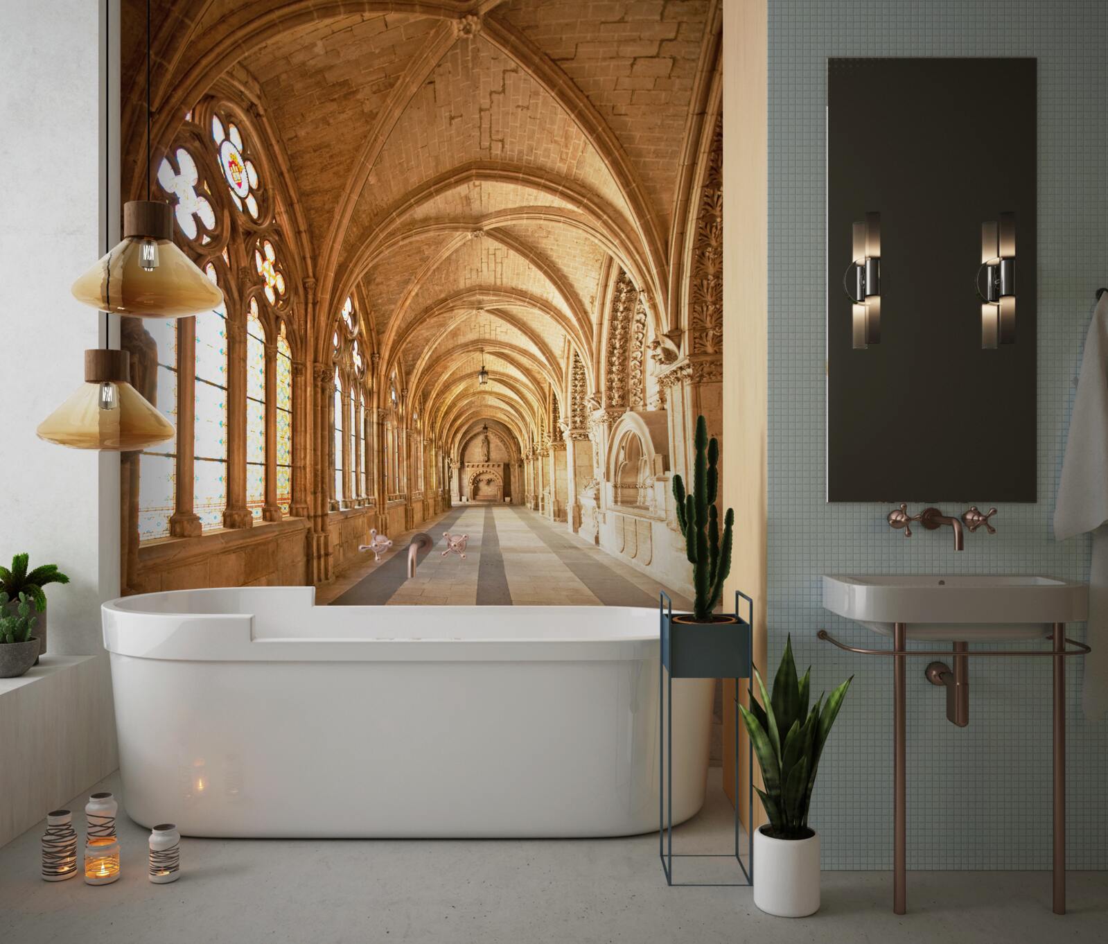 Papier peint voûtes anciennes en pierre avec vitraux