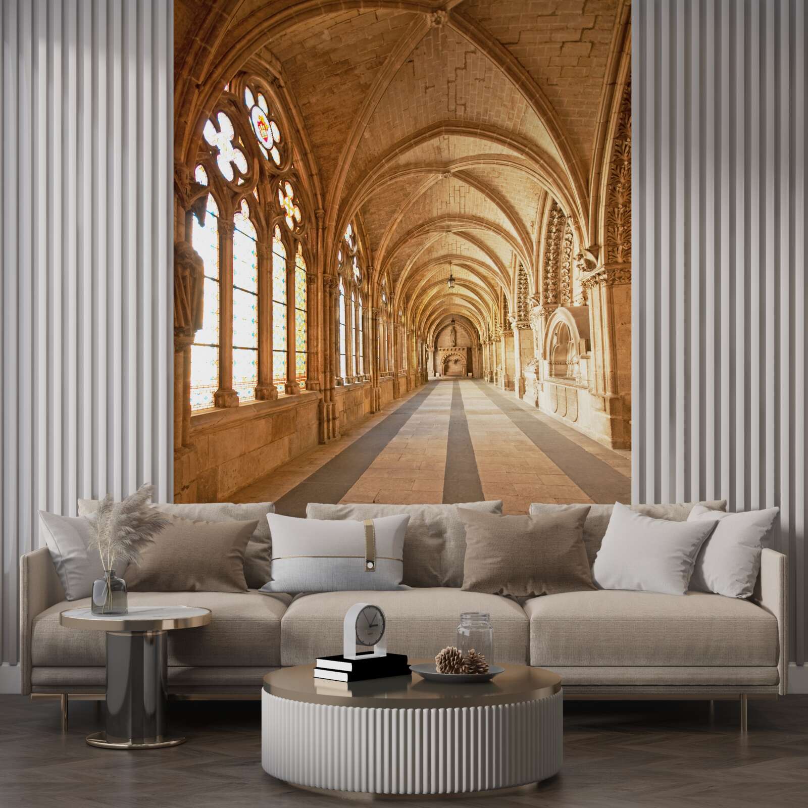 Papier peint voûtes anciennes en pierre avec vitraux