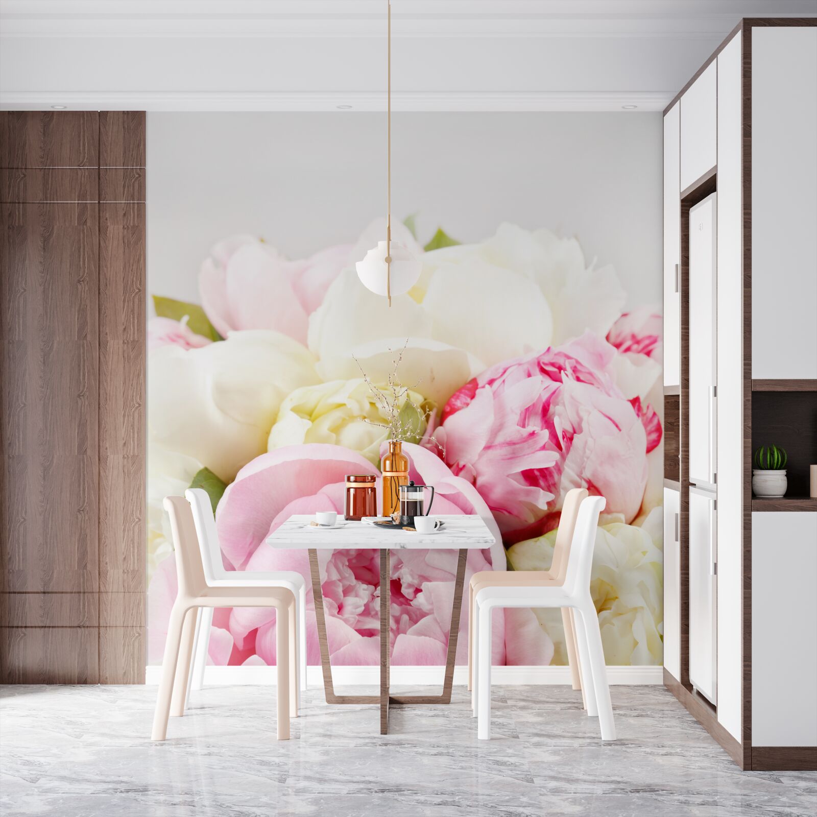 Papier peint roses délicates en forme de pivoine en blanc et rose