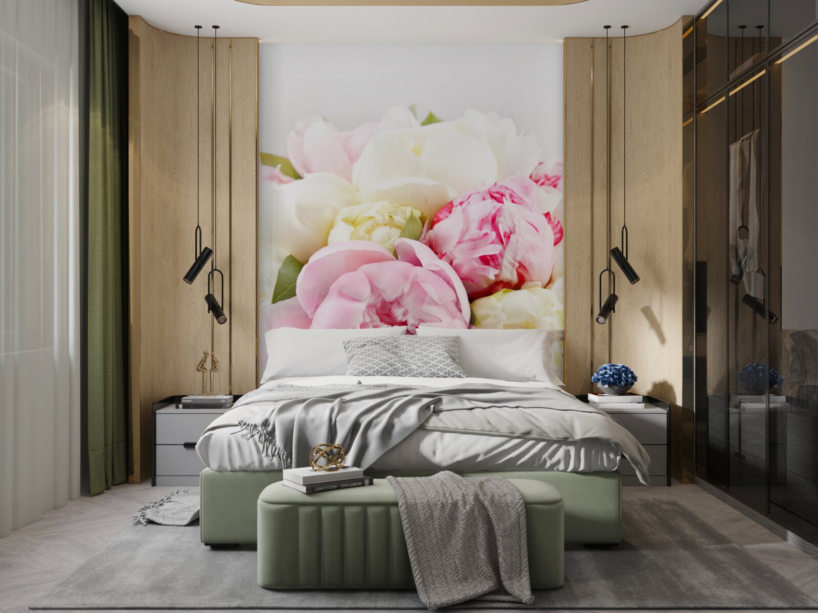 Papier peint roses délicates en forme de pivoine en blanc et rose