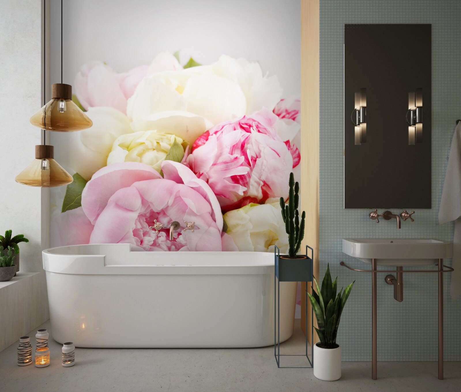 Papier peint roses délicates en forme de pivoine en blanc et rose