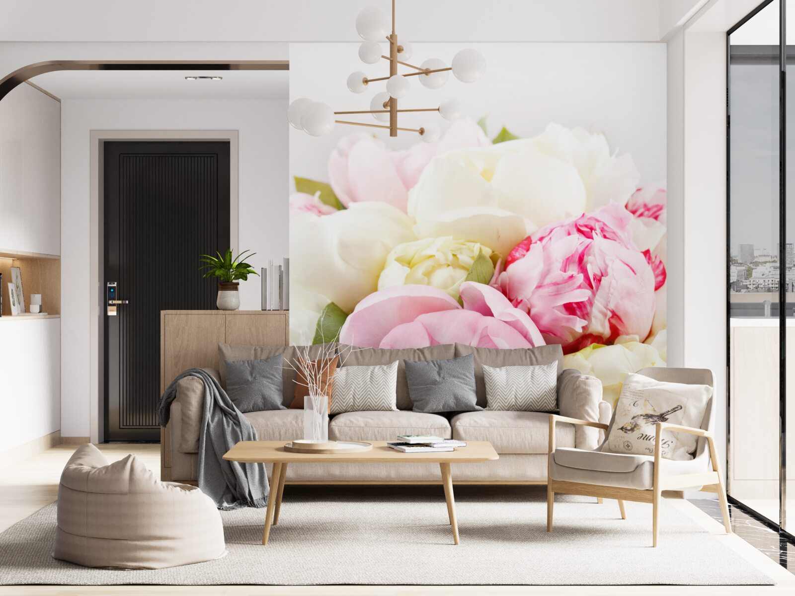 Papier peint roses délicates en forme de pivoine en blanc et rose