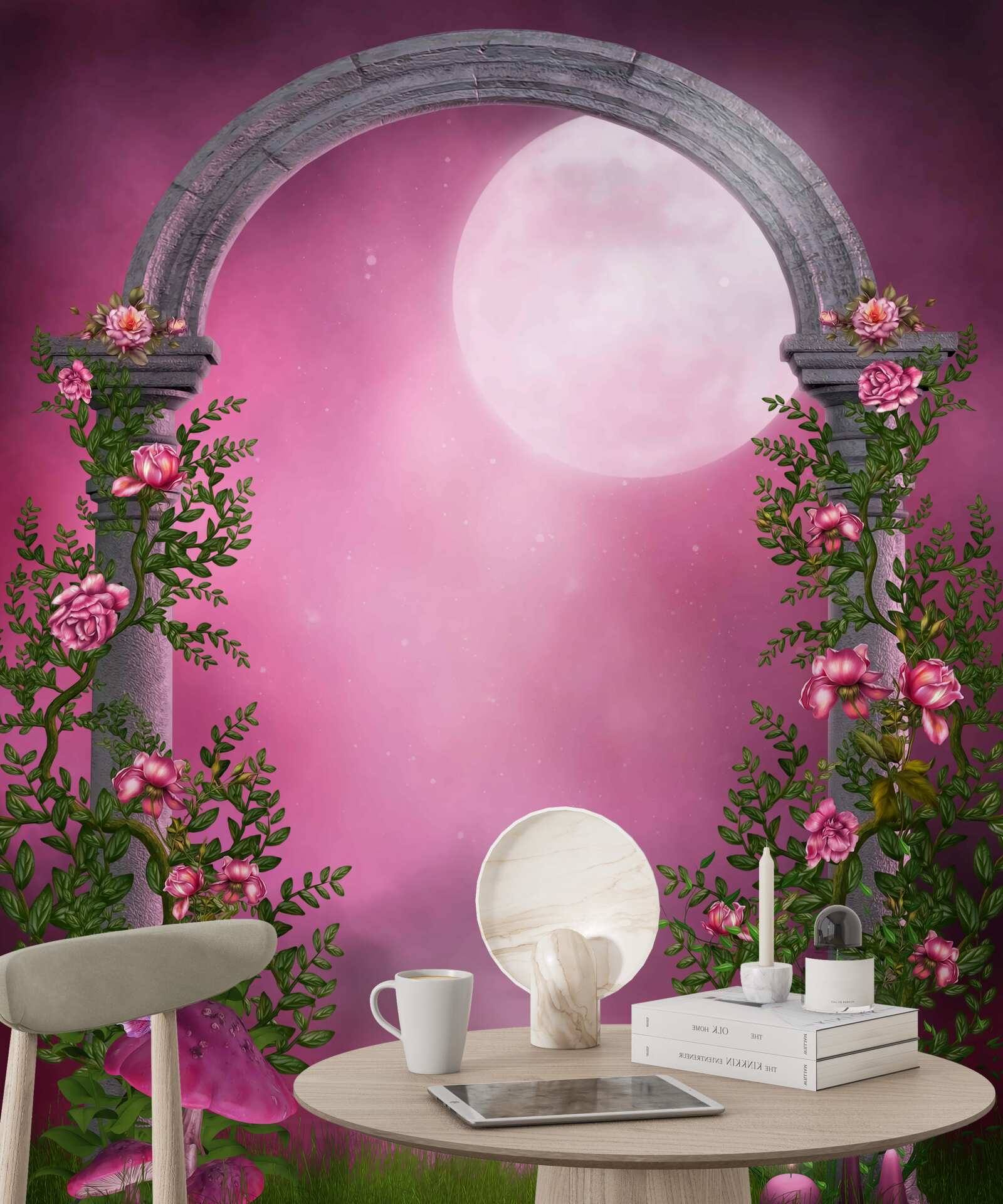 Papier peint la lune brille et l'arche de pierre est couverte de fleurs