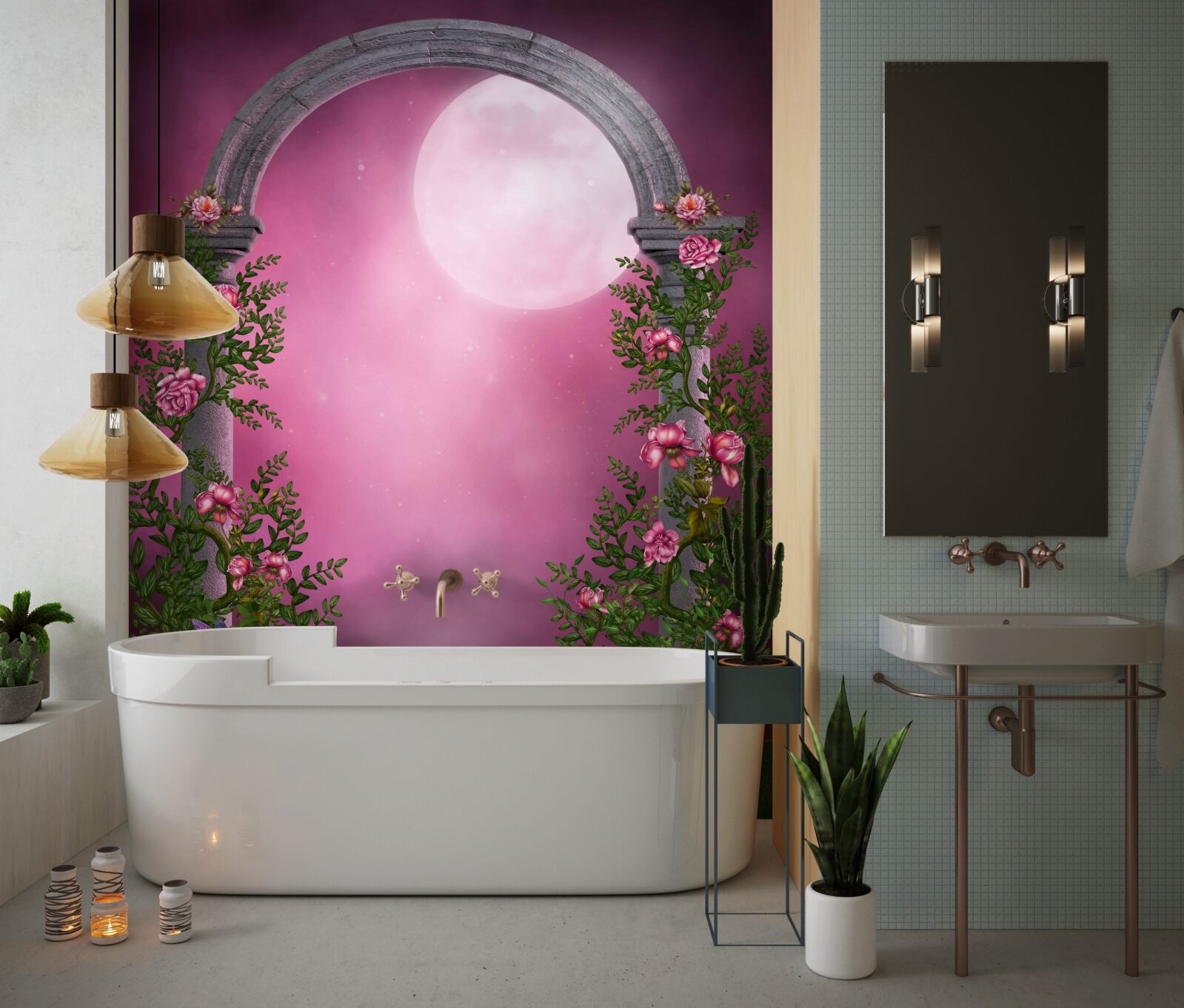 Papier peint la lune brille et l'arche de pierre est couverte de fleurs