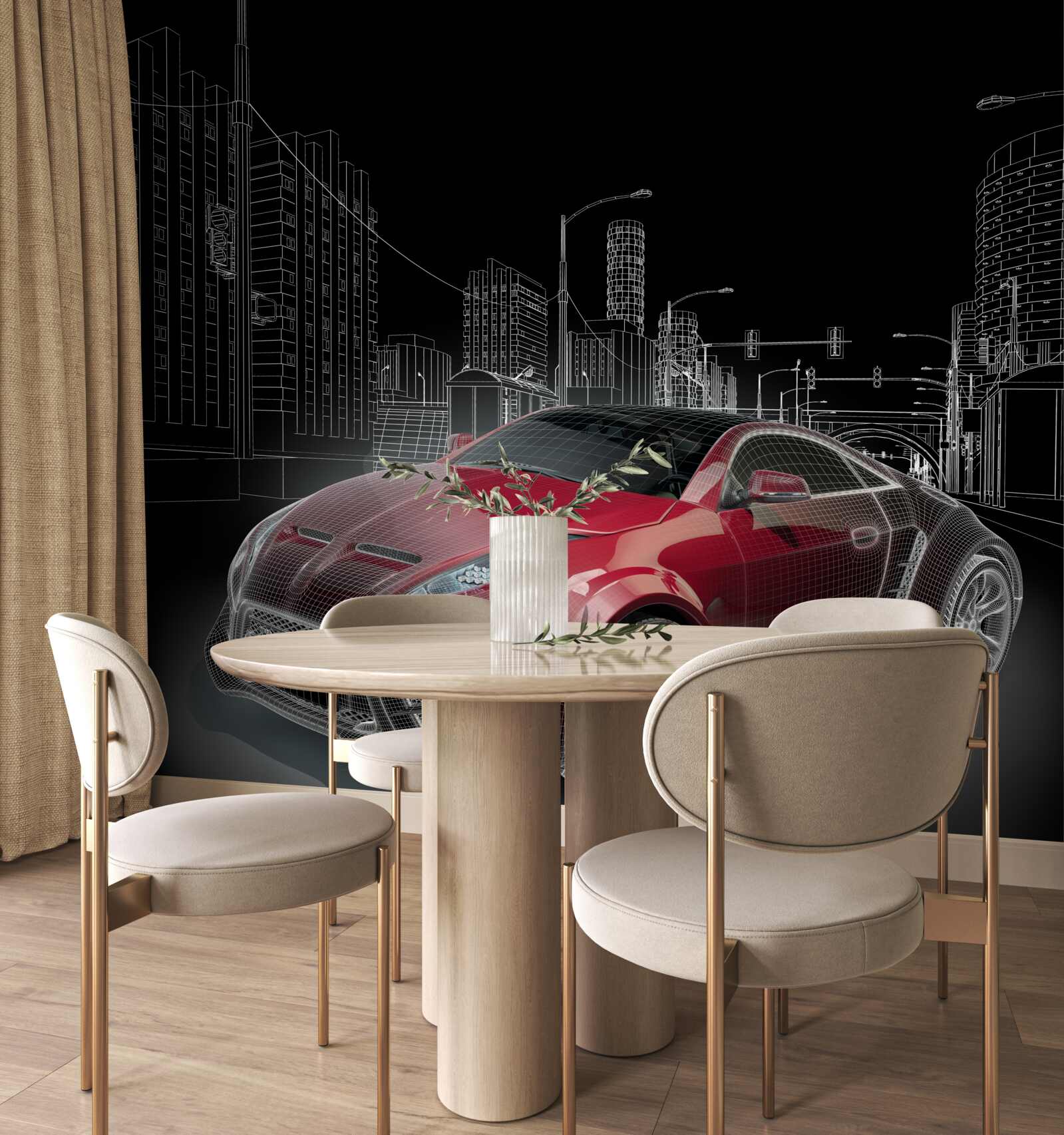 Papier peint le dessin représente une voiture de sport rouge