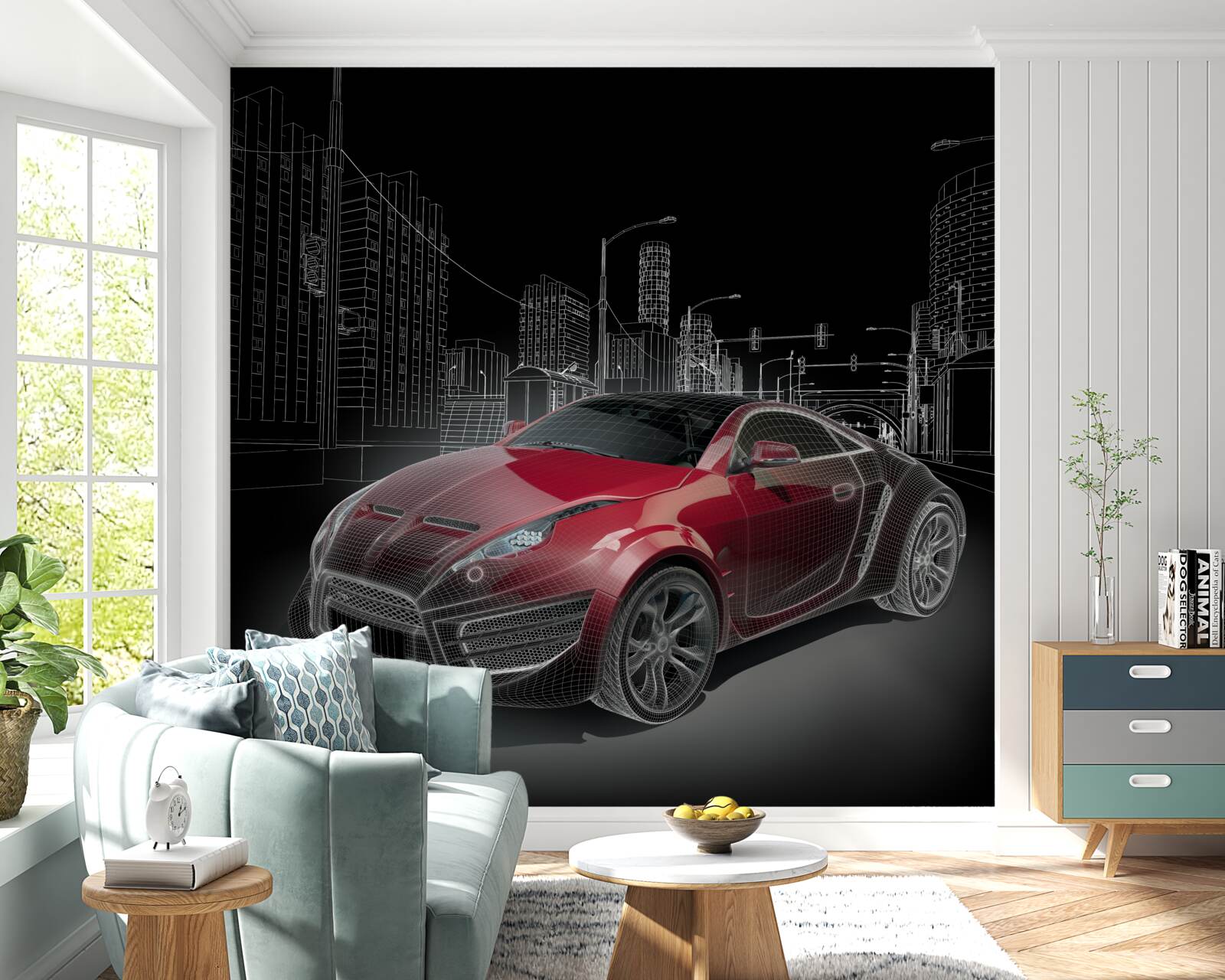 Papier peint le dessin représente une voiture de sport rouge