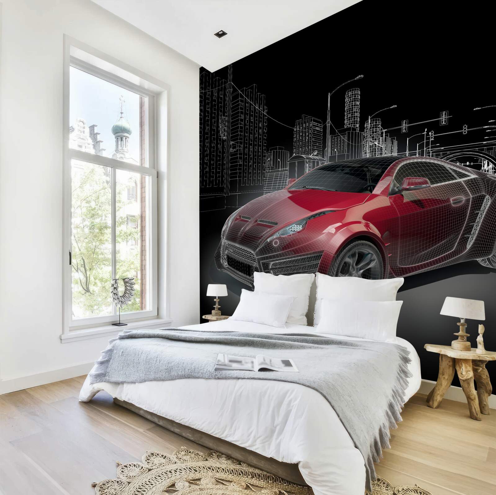 Papier peint le dessin représente une voiture de sport rouge