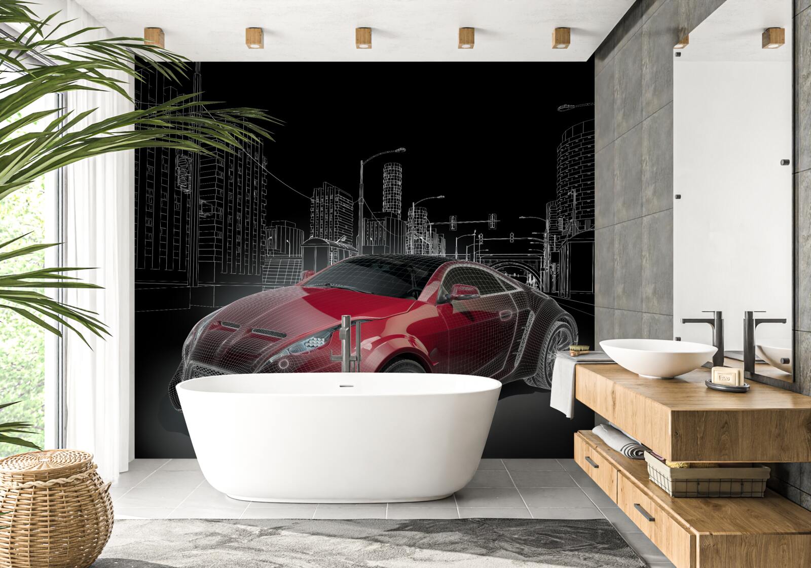 Papier peint le dessin représente une voiture de sport rouge