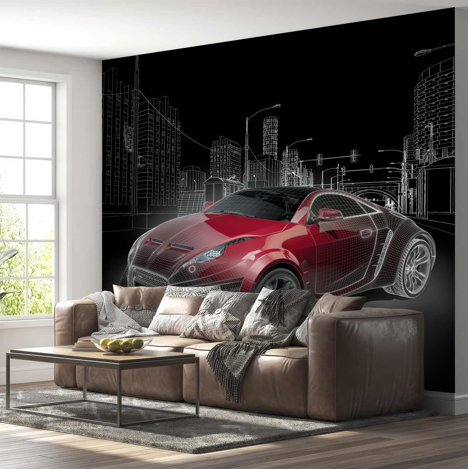 Papier peint le dessin représente une voiture de sport rouge