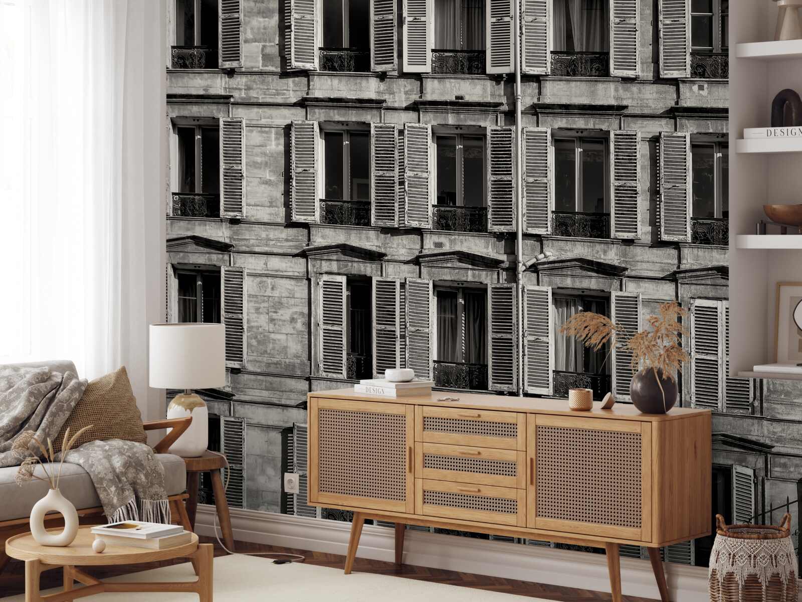 Papier peint ventilateurs de fenêtre dans une palette noire et blanche