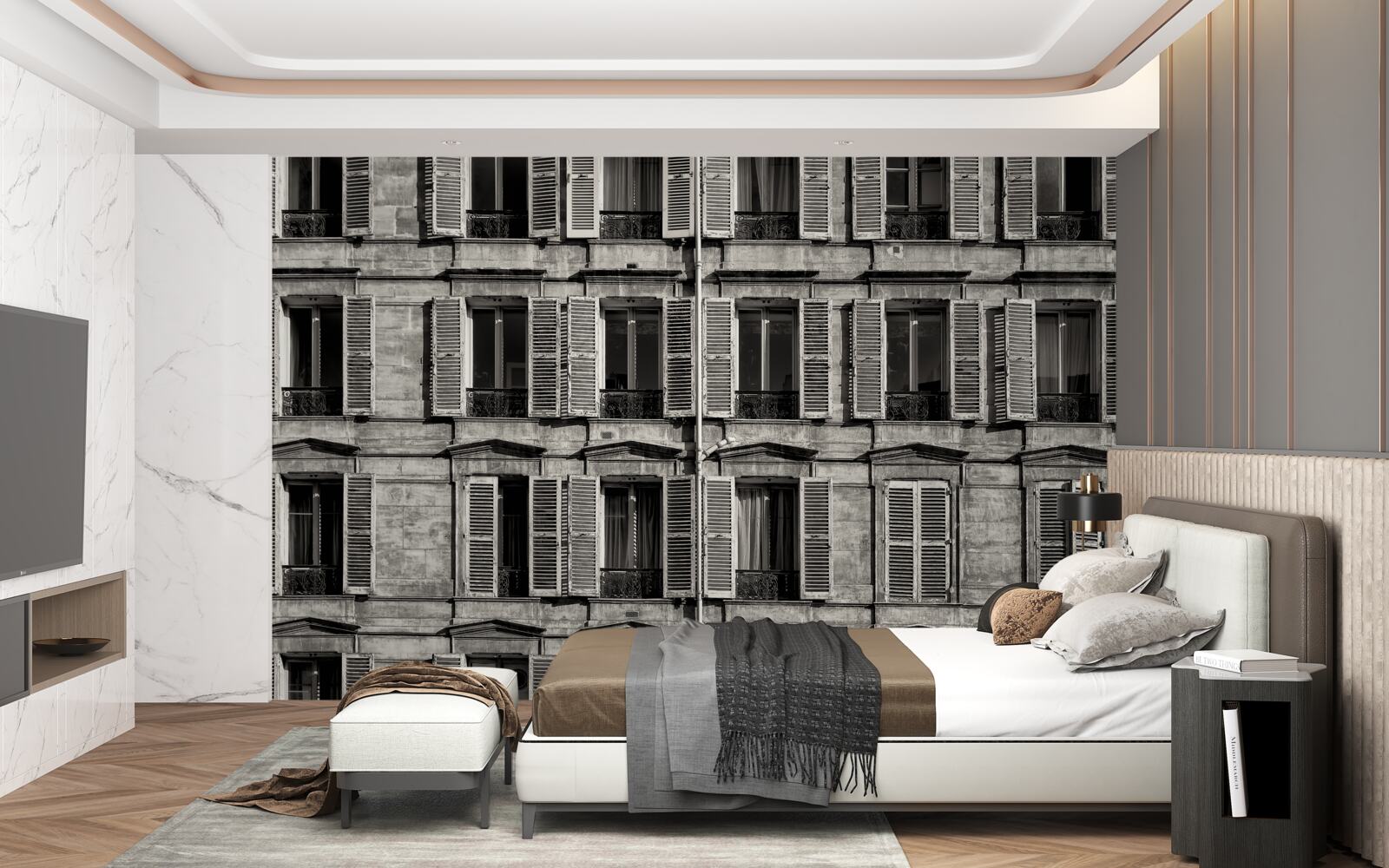 Papier peint ventilateurs de fenêtre dans une palette noire et blanche