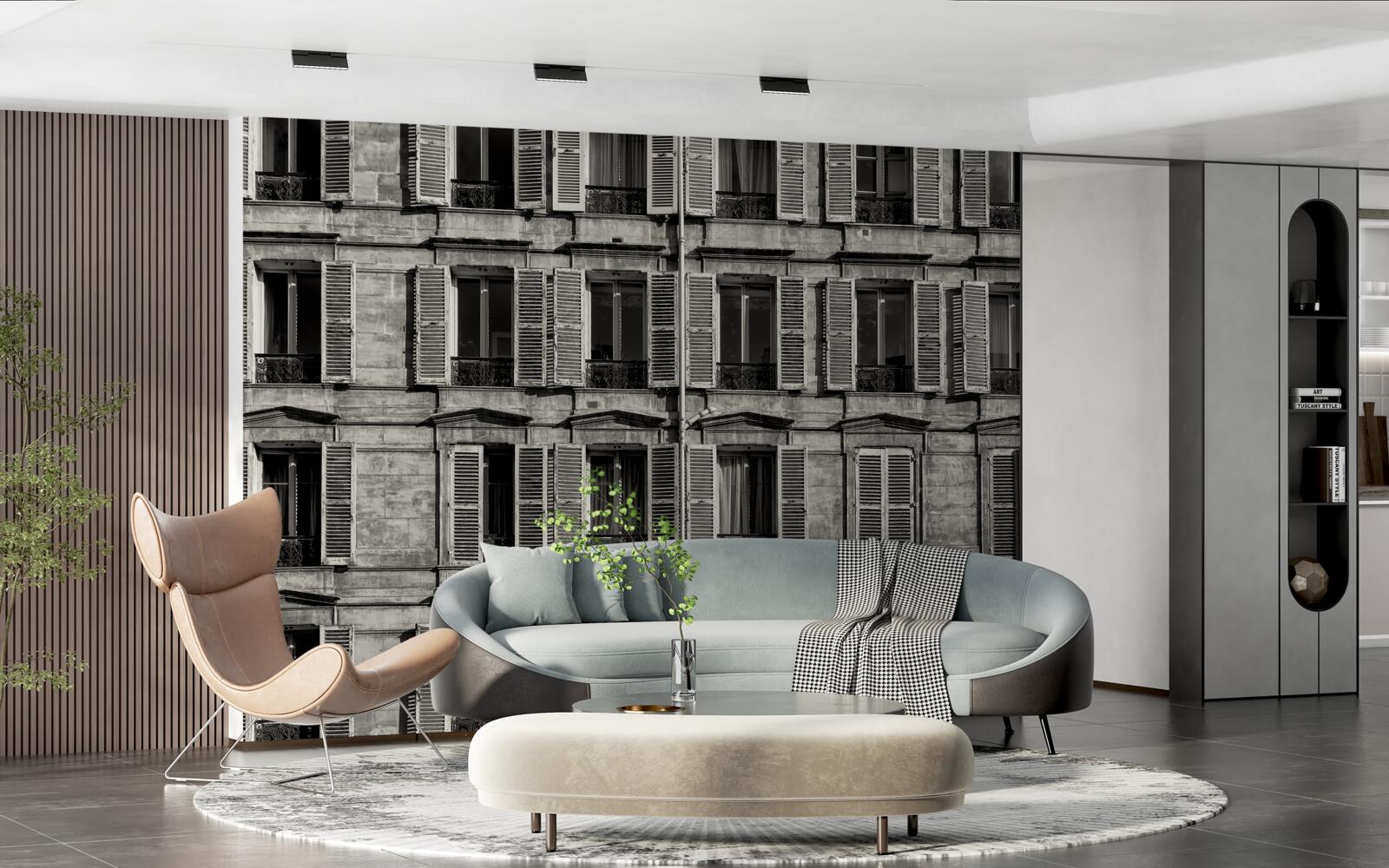 Papier peint ventilateurs de fenêtre dans une palette noire et blanche