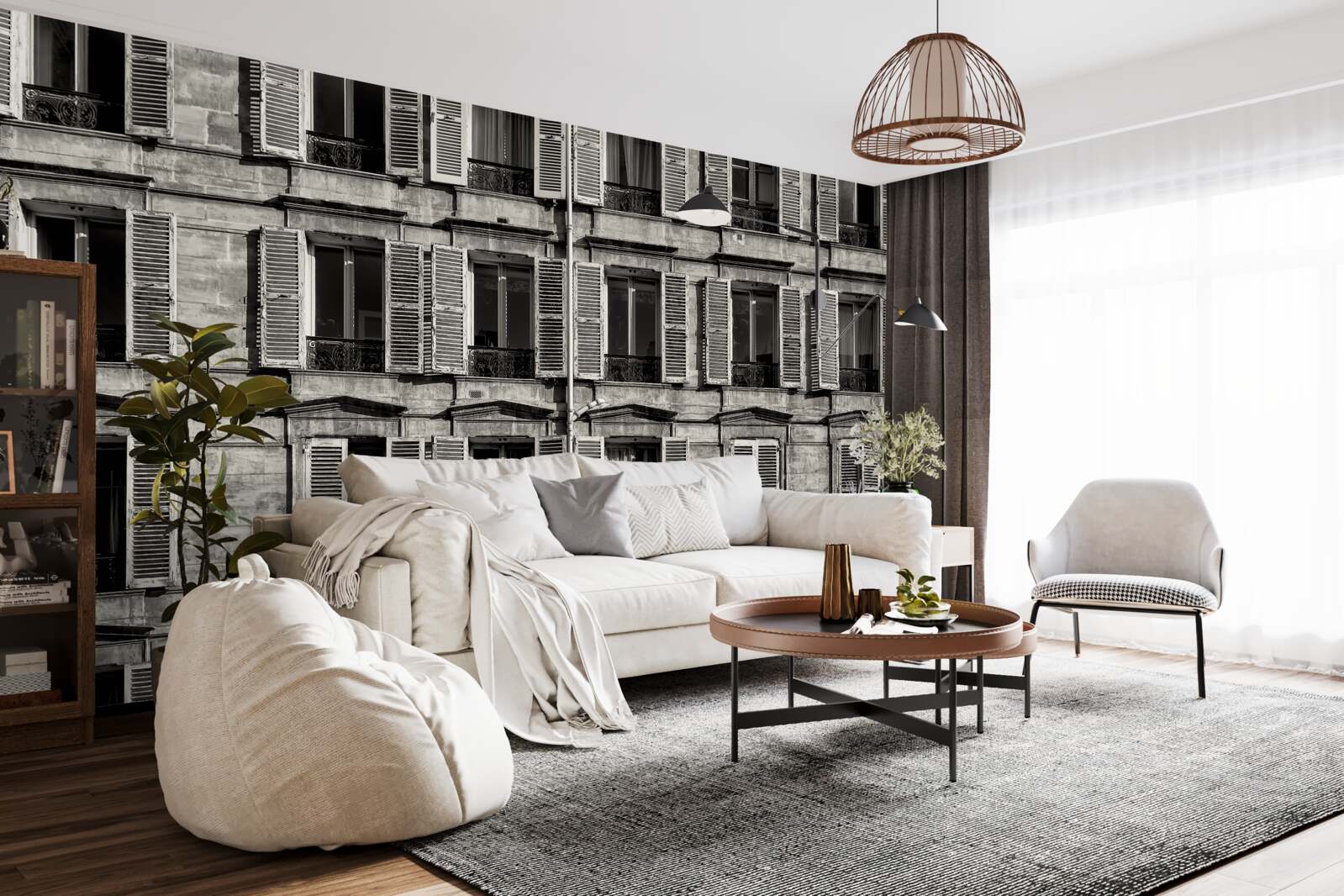 Papier peint ventilateurs de fenêtre dans une palette noire et blanche